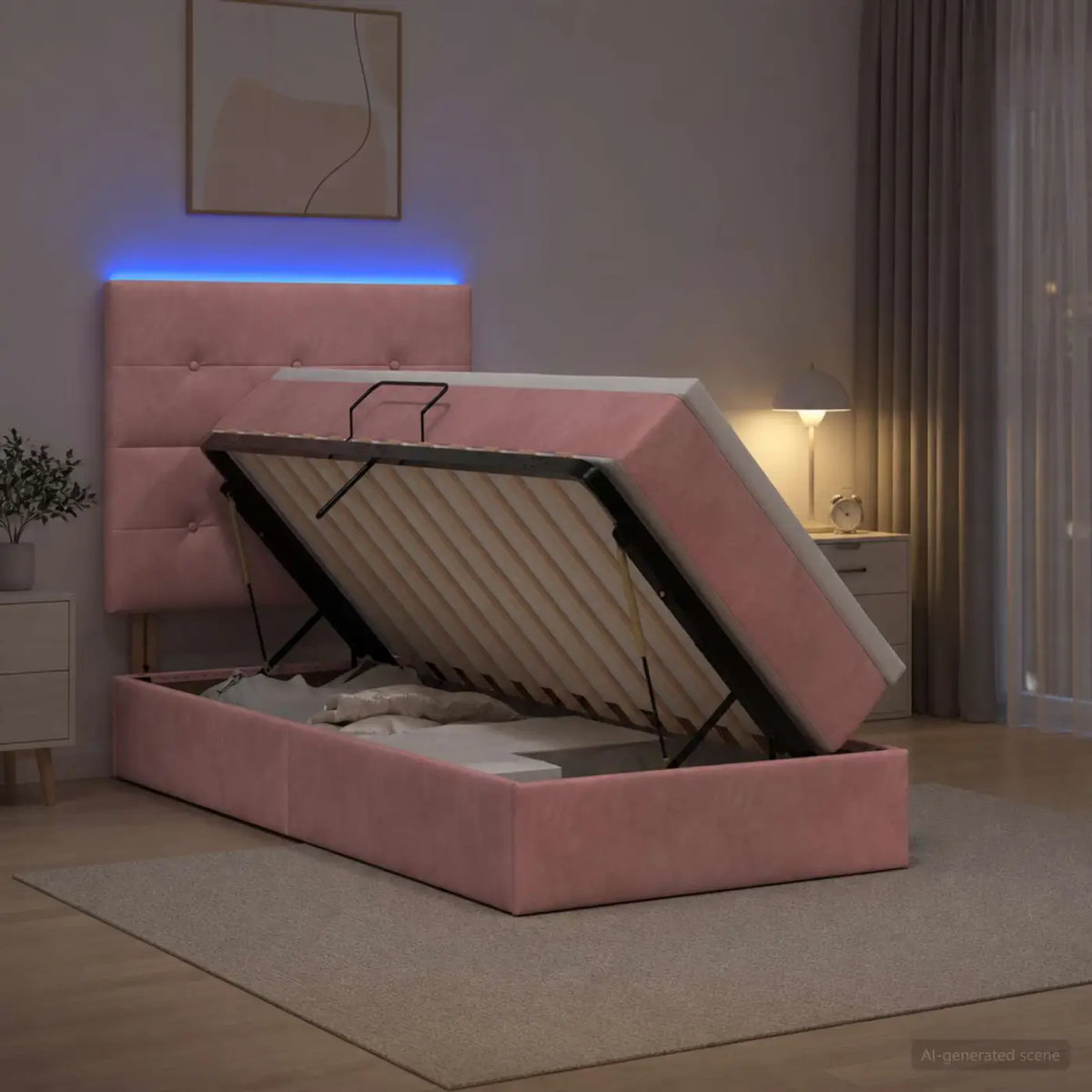Lit de rangement LED avec matelas Rose 90 x 200 cm Velours - XIOS
