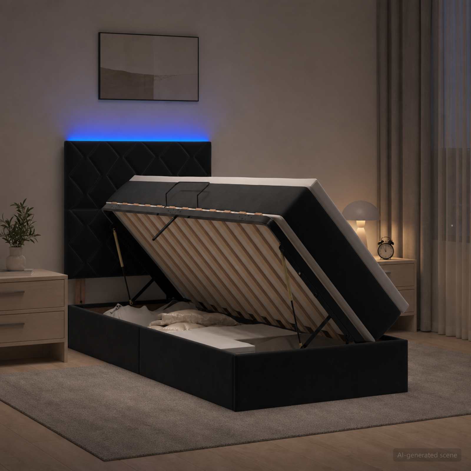 Lit de rangement LED avec matelas Noir 100 x 200 cm Velours
