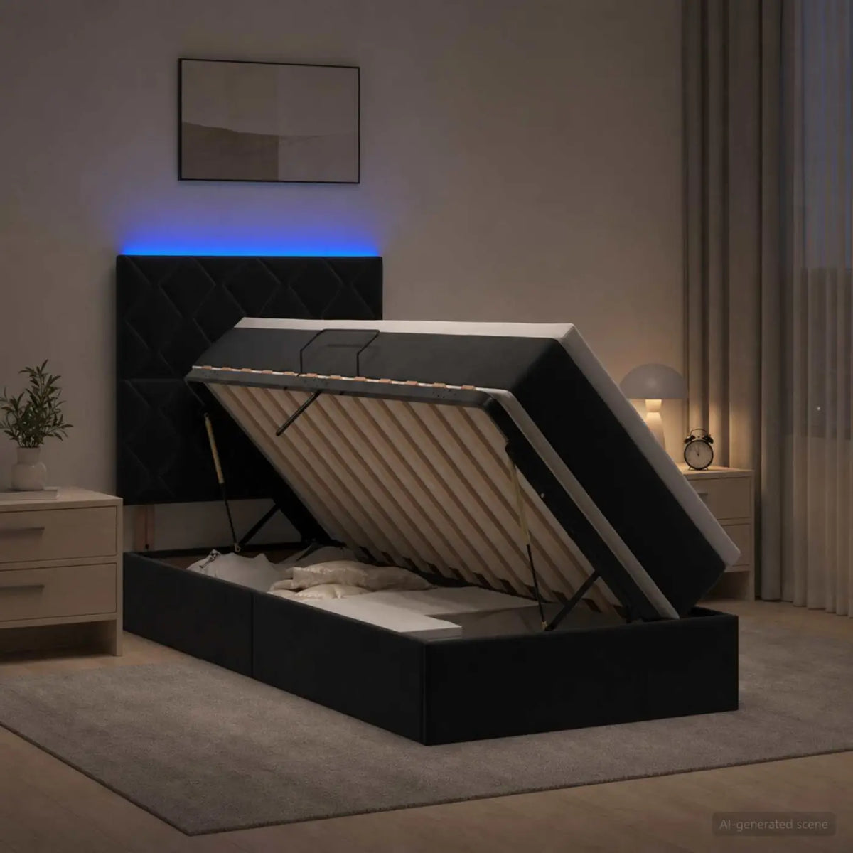 Lit de rangement LED avec matelas Noir 90 x 200 cm Velours - XIOS