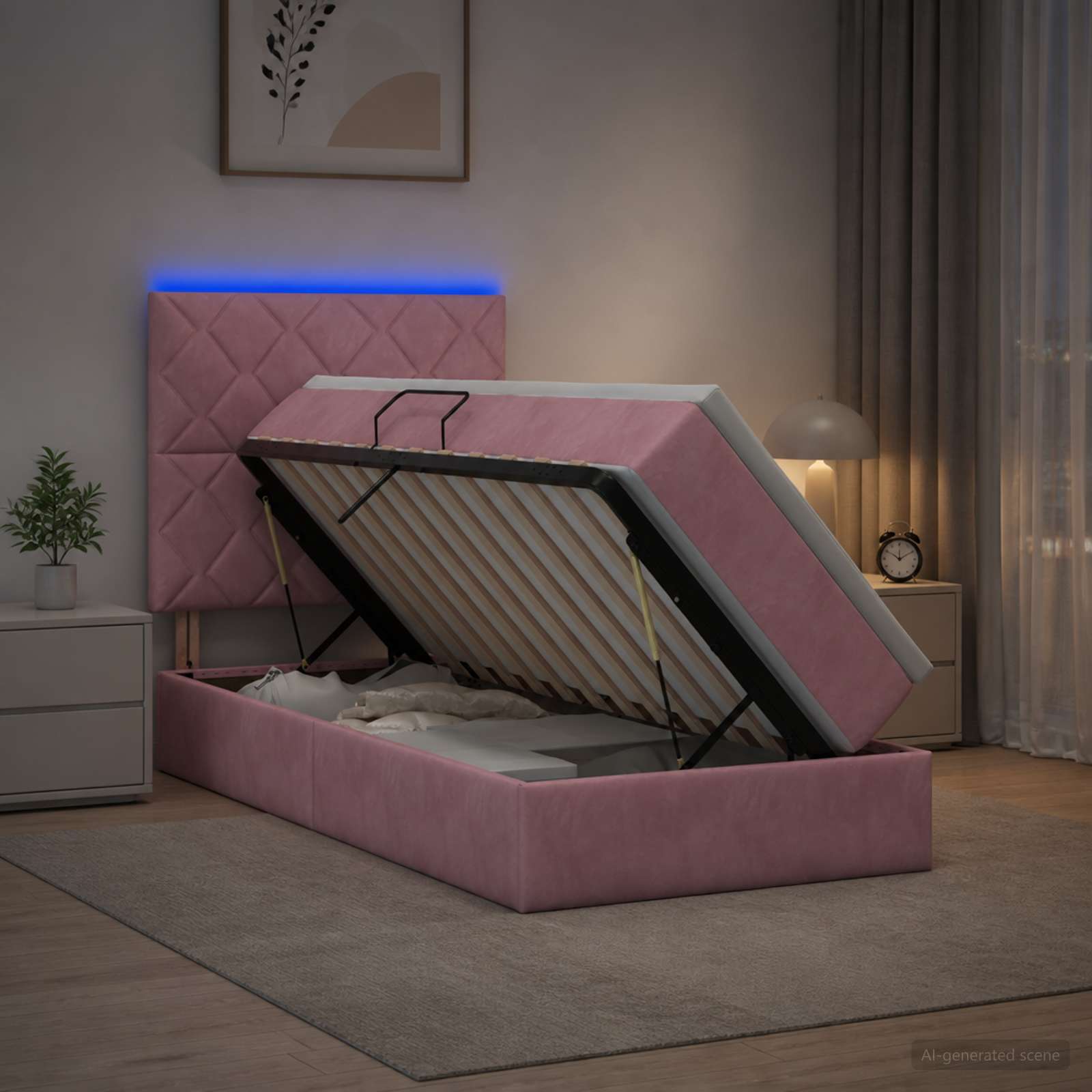 Lit de rangement LED avec matelas Rose 90 x 190 cm Velours