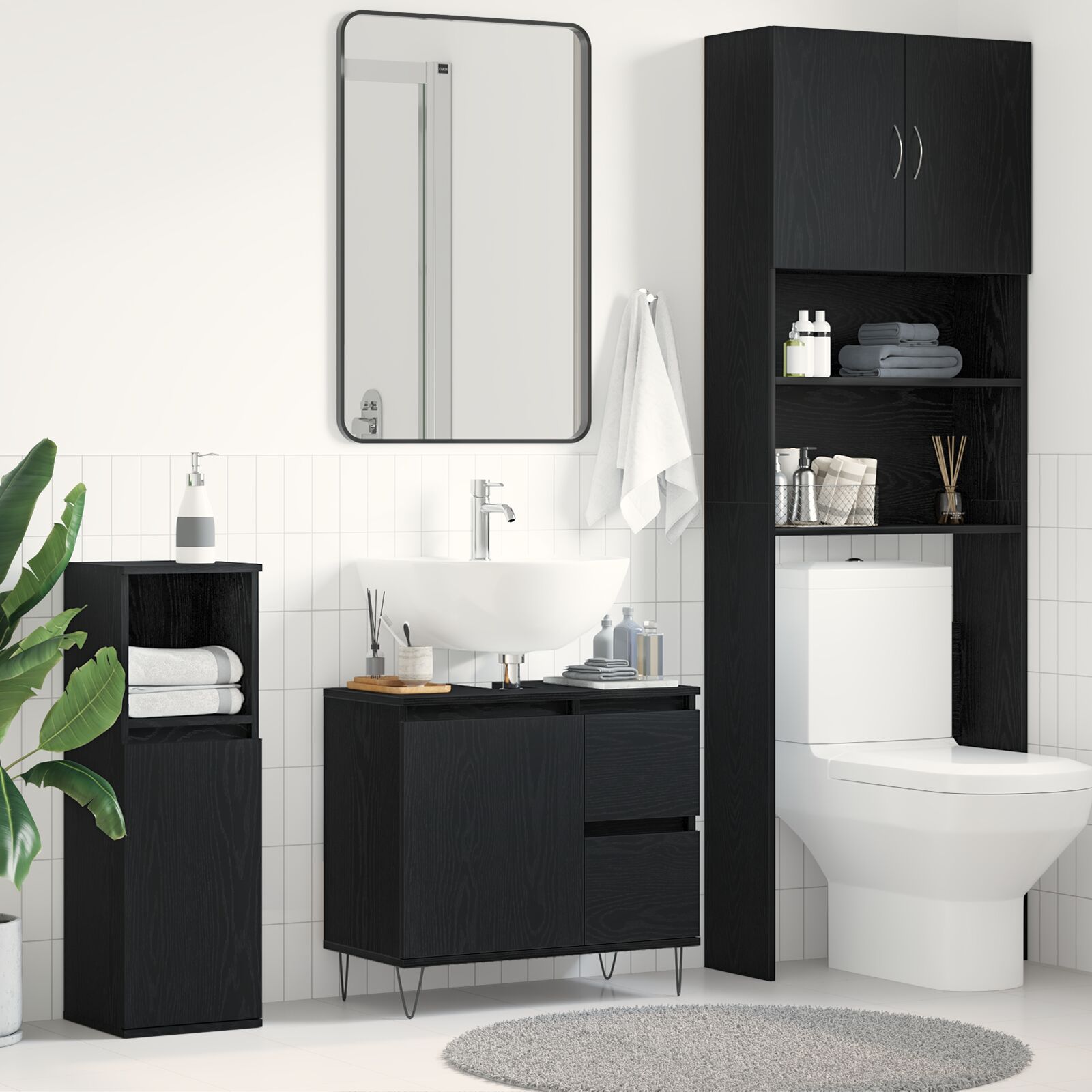 Meuble sous lavabo vidaXL Noir Chêne 65x33x60 cm Bois d'ingénierie Ensembles de mobilier pour salles de bains vidaXL