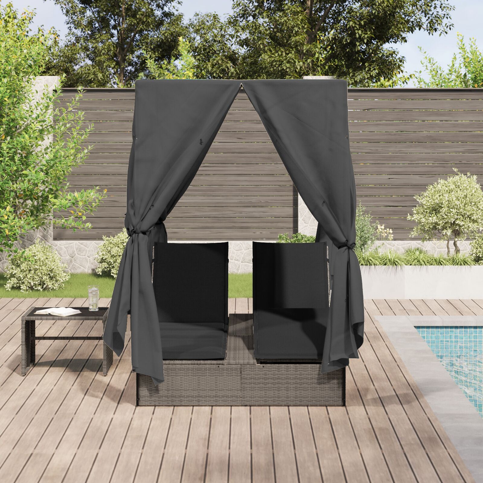 Transat double vidaXL avec toit et rideaux en poly rattan gris Lits d'extérieur vidaXL