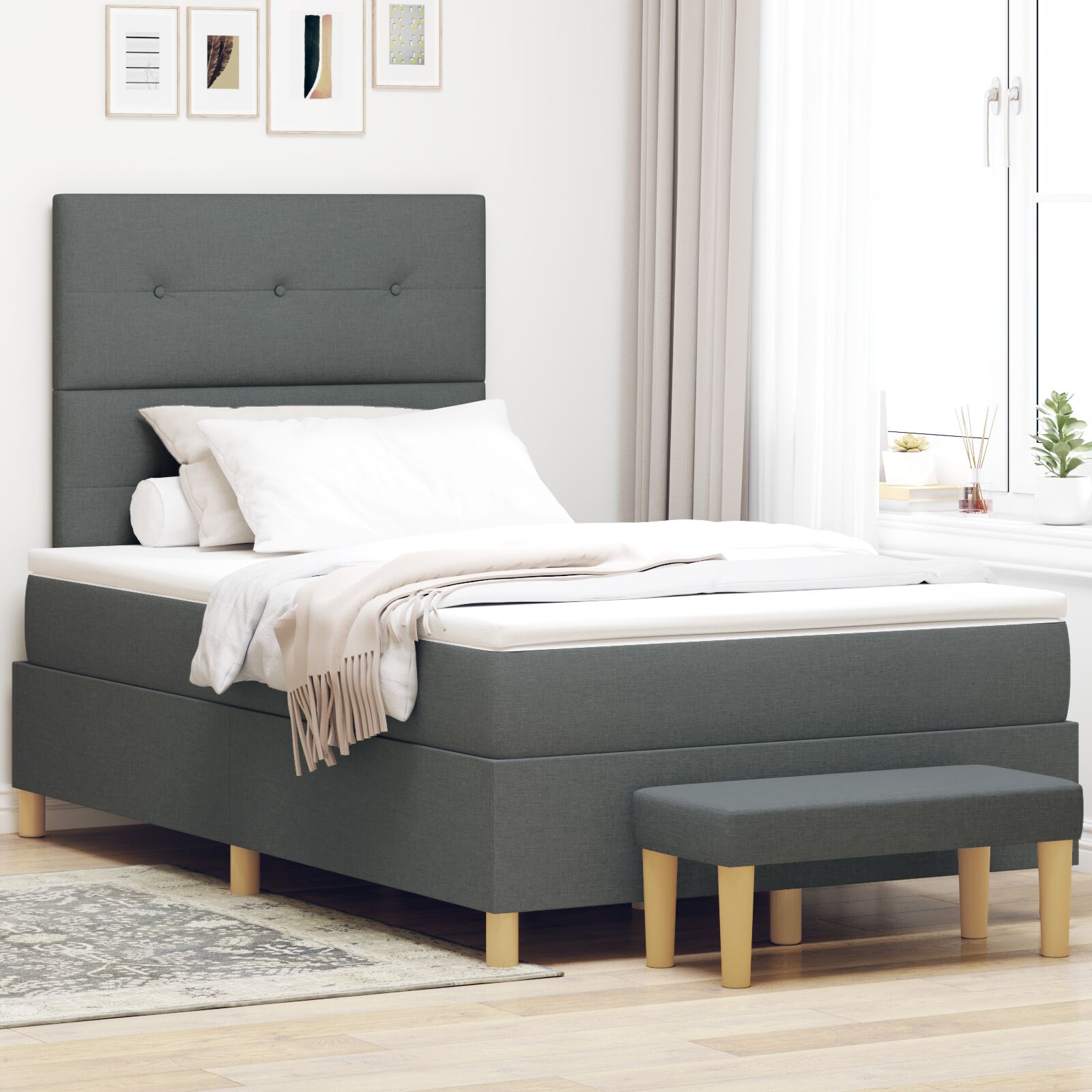 Lit Box Spring avec Matelas & Banc Gris Foncé 120x190 cm Tissu