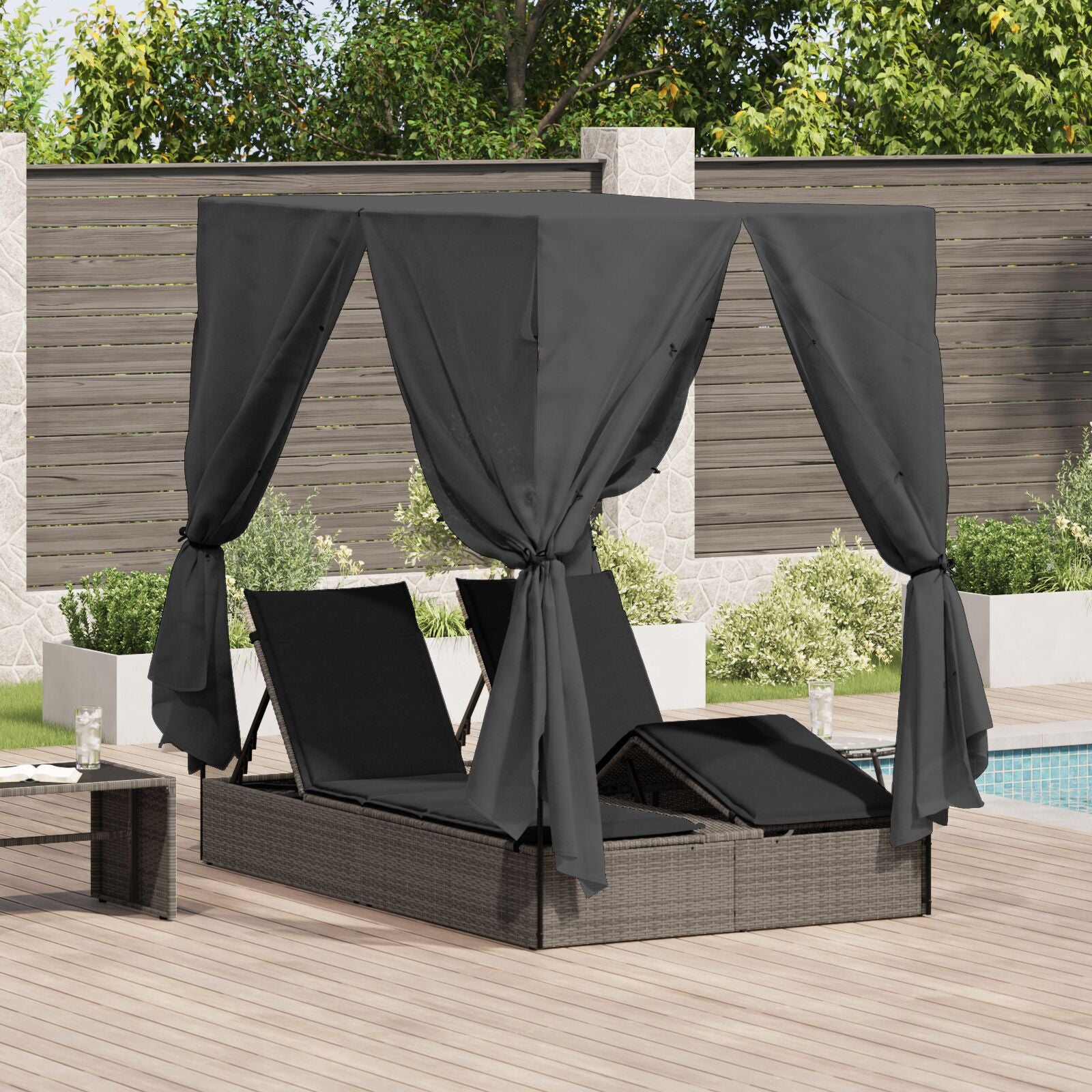 Transat double vidaXL avec toit et rideaux en poly rattan gris Lits d'extérieur vidaXL