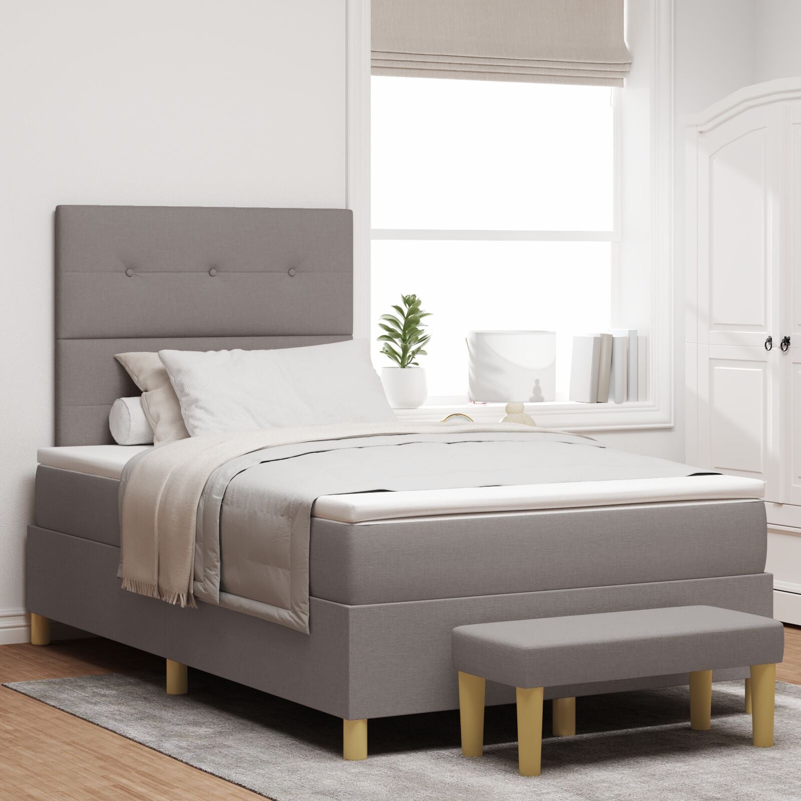lit box spring  avec matelas et banc taupe 120x190 cm tissu