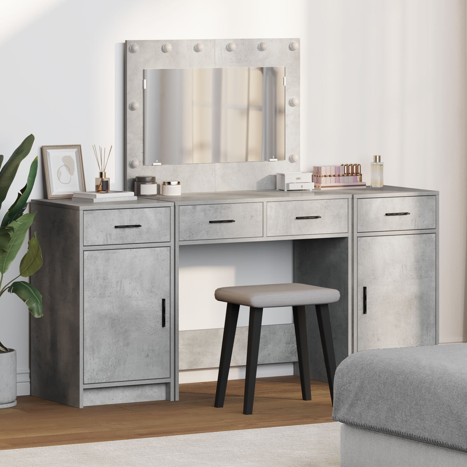 Ensemble de coiffeuse de 3 pièces avec LED en bois d'ingénierie gris béton Coiffeuses vidaXL