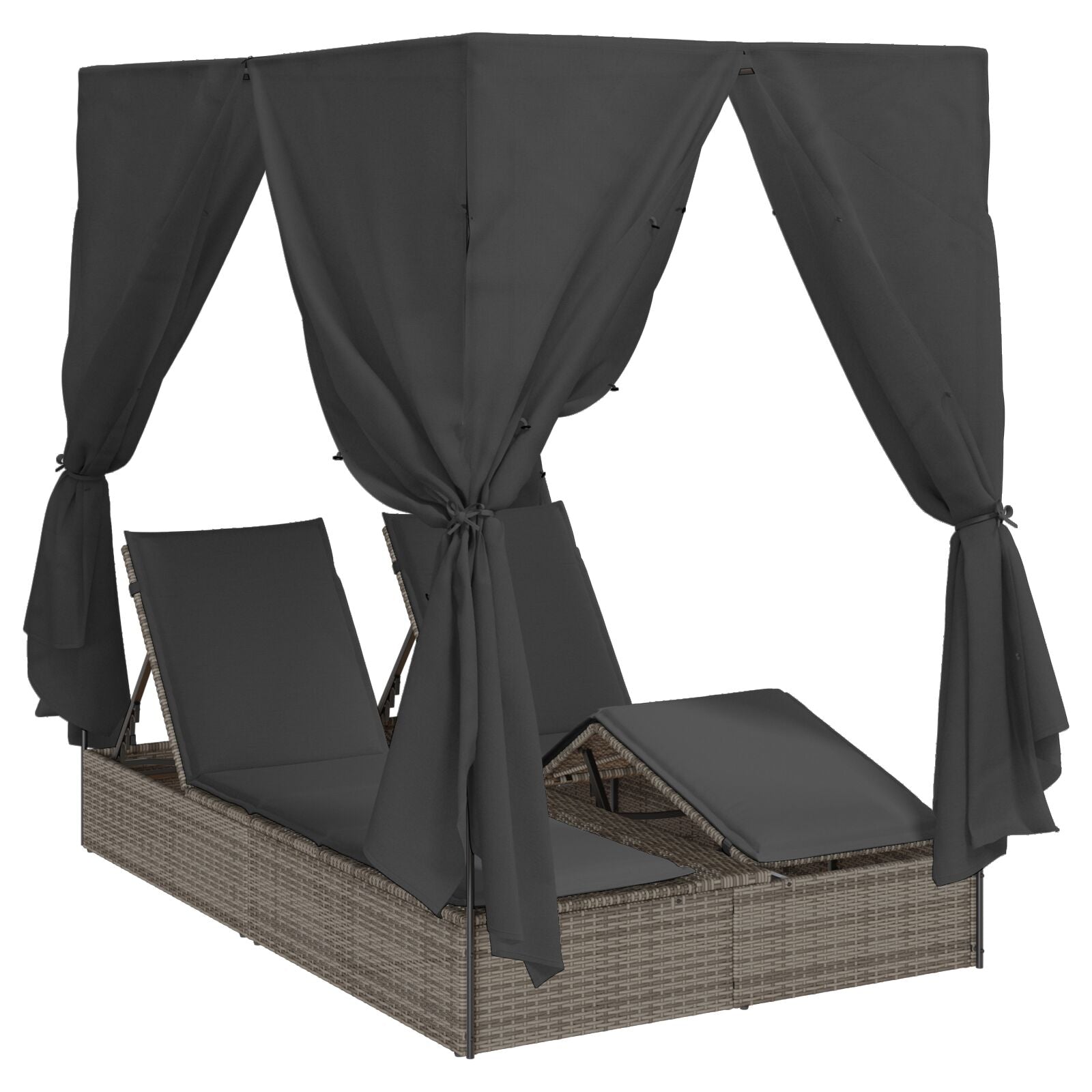 Transat double vidaXL avec toit et rideaux en poly rattan gris Lits d'extérieur vidaXL