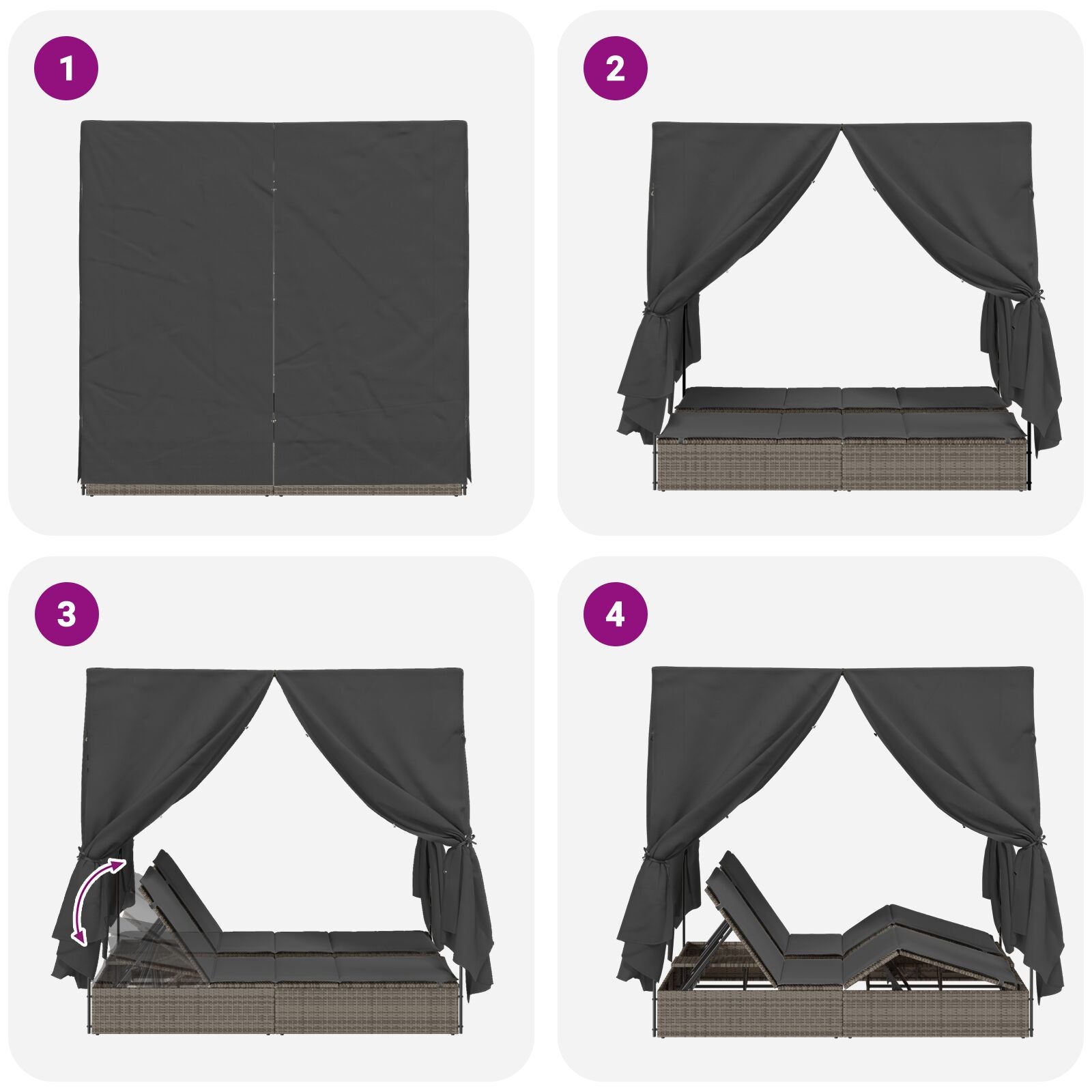 Transat double vidaXL avec toit et rideaux en poly rattan gris Lits d'extérieur vidaXL