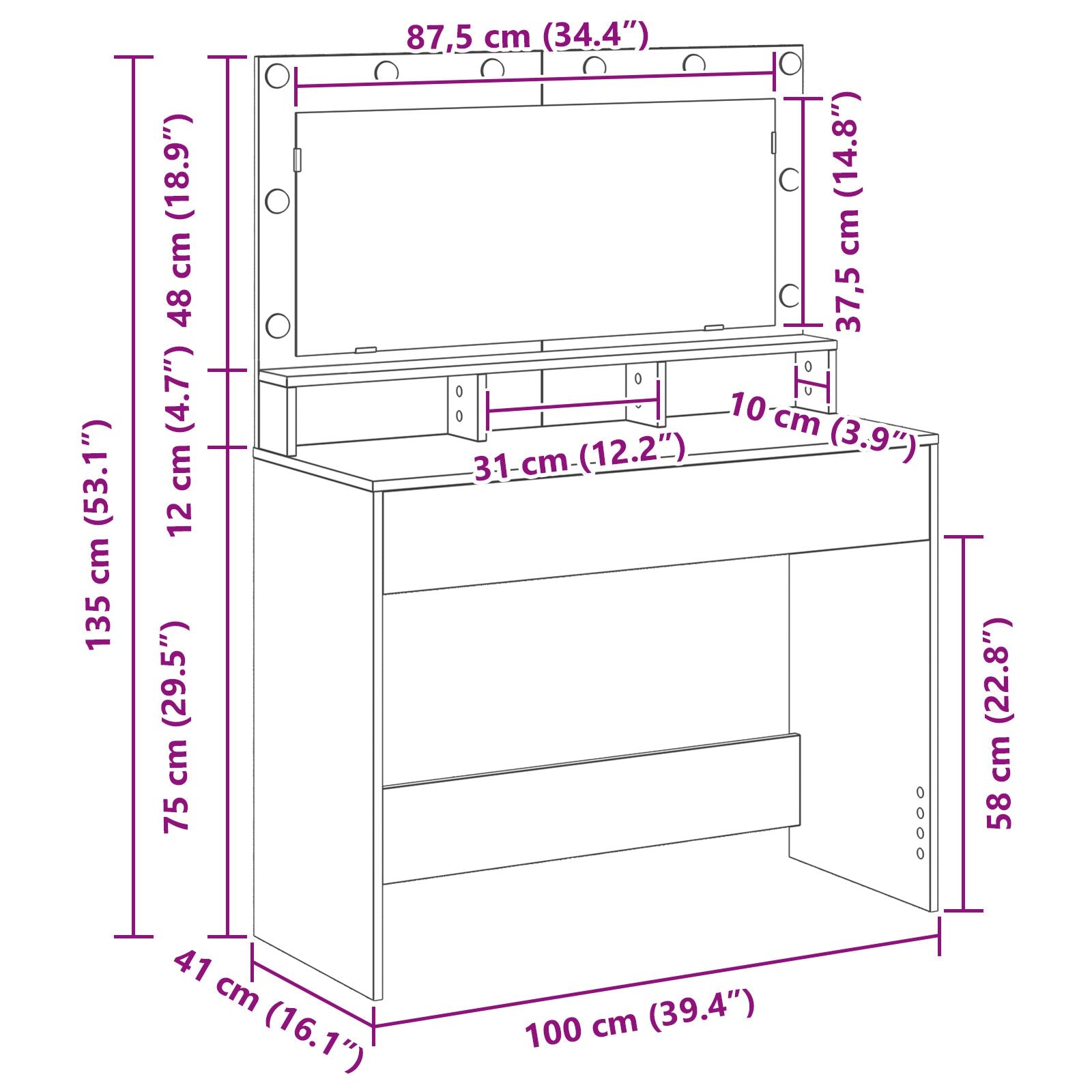 Coiffeuse vidaXL avec des lumières LED, gris Sonoma, 100x41x135 cm Coiffeuses vidaXL