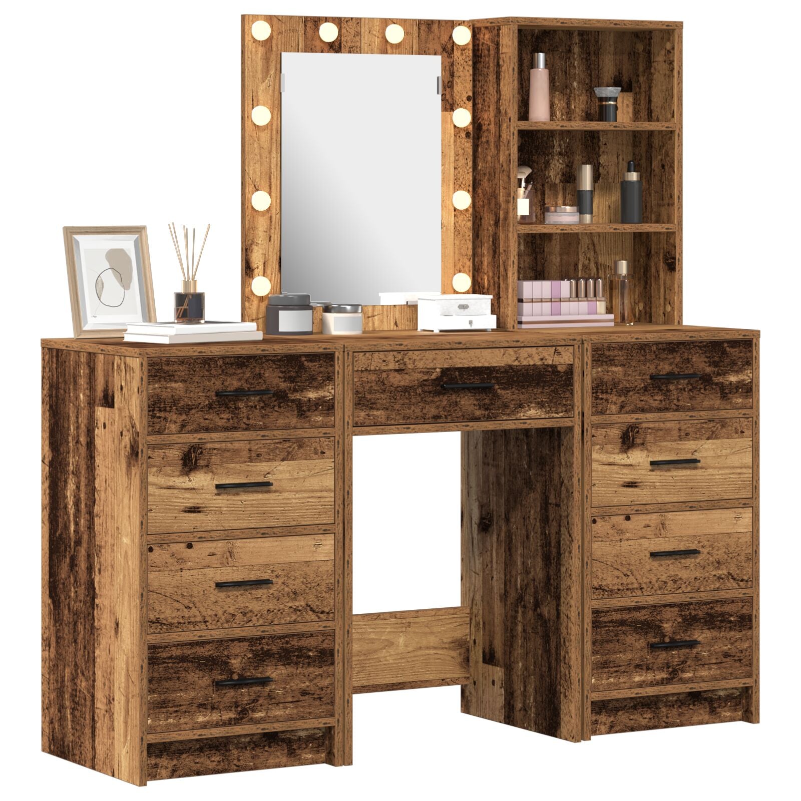 Ensemble de Table de Maquillage 3 Pièces avec LED en Finition Bois Ancien Coiffeuses vidaXL