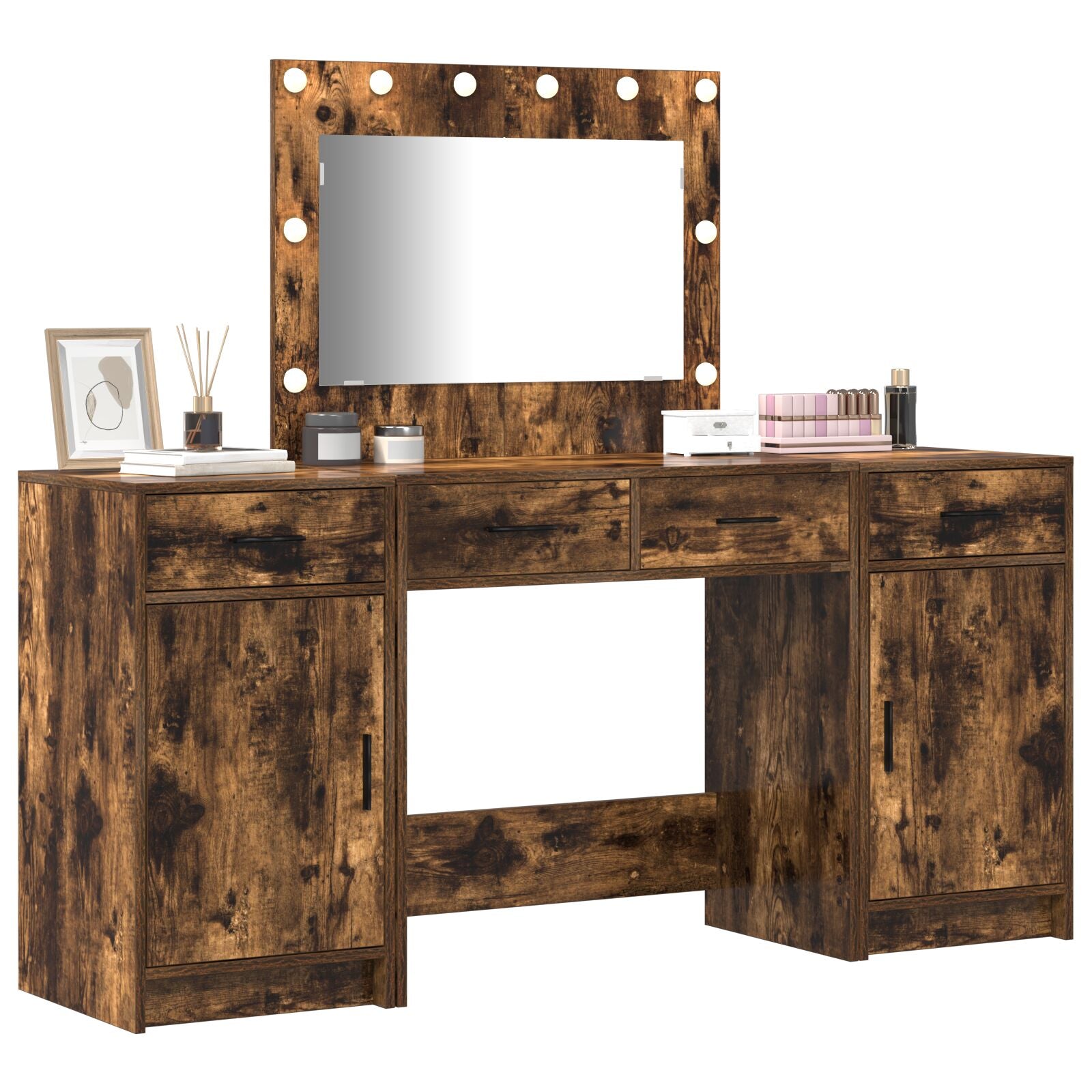 Ensemble de coiffeuse 3 pièces vidaXL avec éclairage en chêne fumé, en bois d'ingénierie Coiffeuses vidaXL