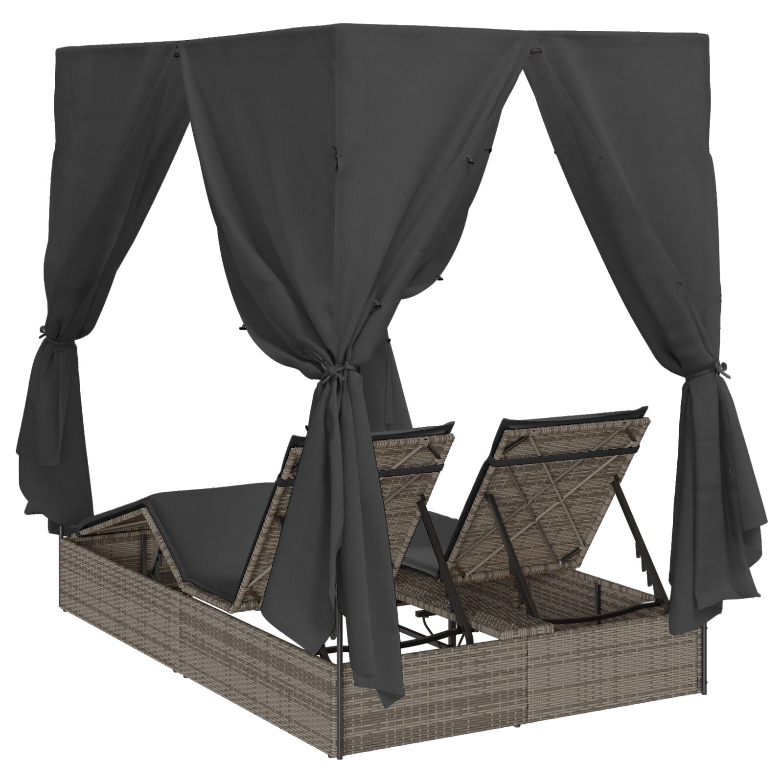 Transat double vidaXL avec toit et rideaux en poly rattan gris Lits d'extérieur vidaXL