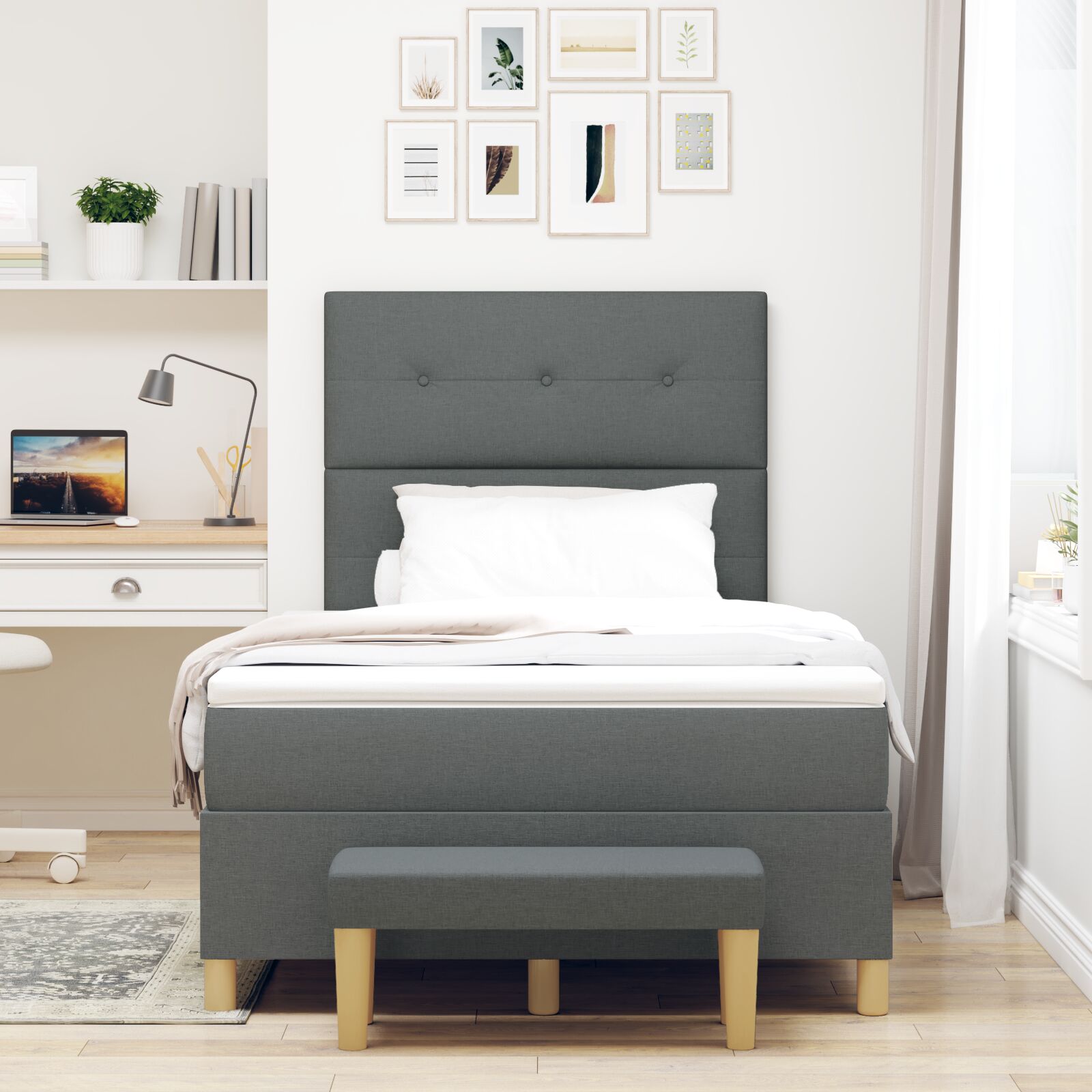 Lit Box Spring avec Matelas & Banc Gris Foncé 120x190 cm Tissu Lits & cadres de lit vidaXL