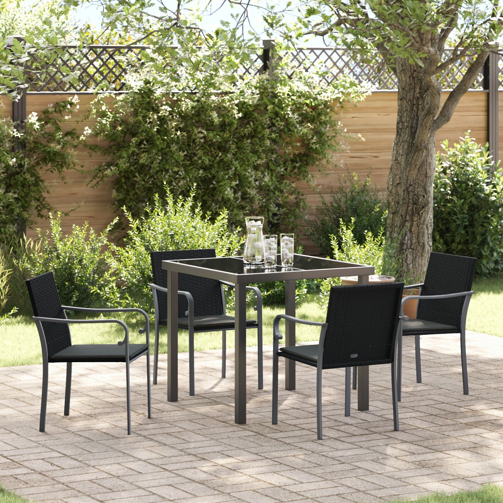 Ensemble de salle à manger de jardin 5 pièces avec coussins en poly rotin noir