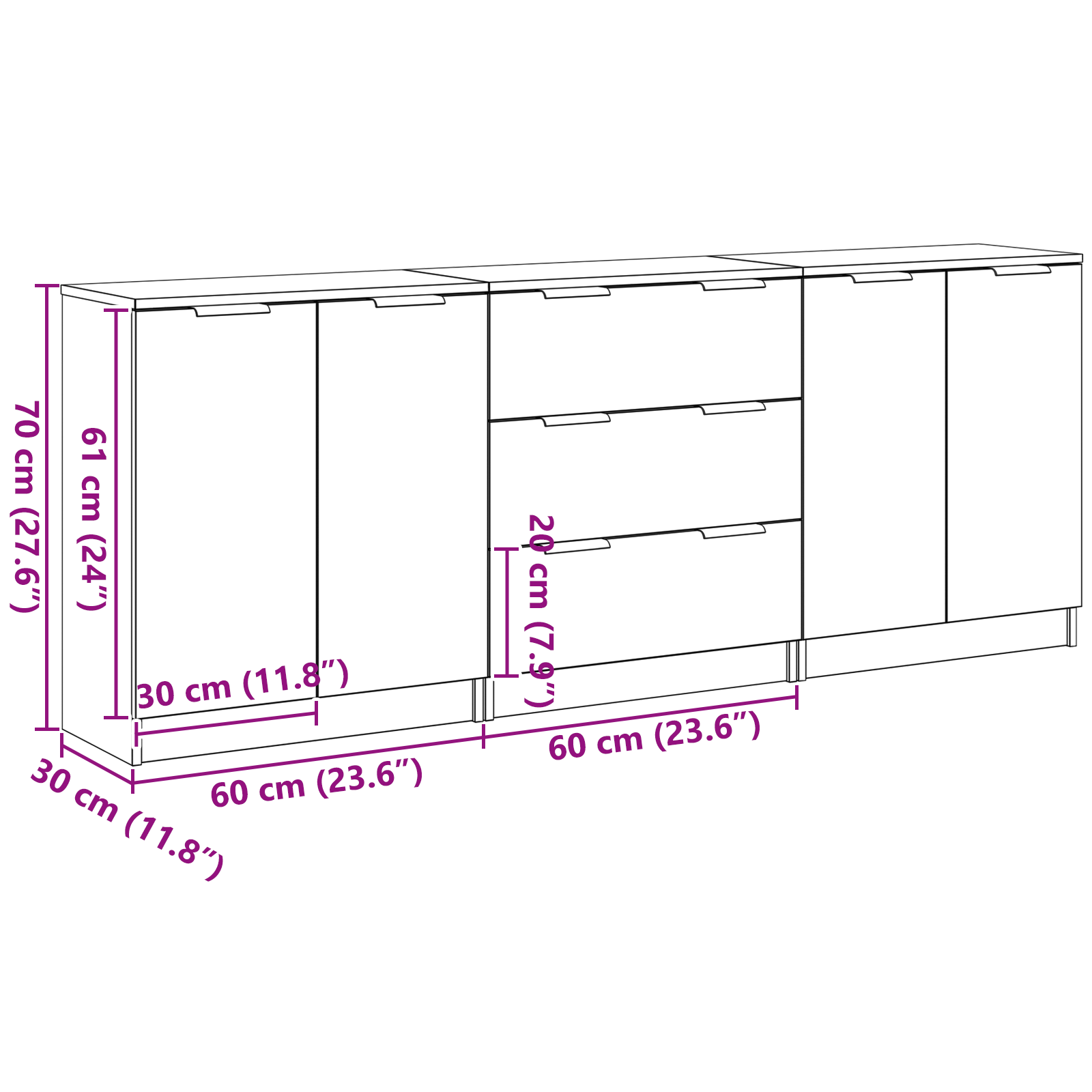 Buffet 3 pc Chêne noir 180 x 30 x 70 cm Bois d'ingénierie - XIOS