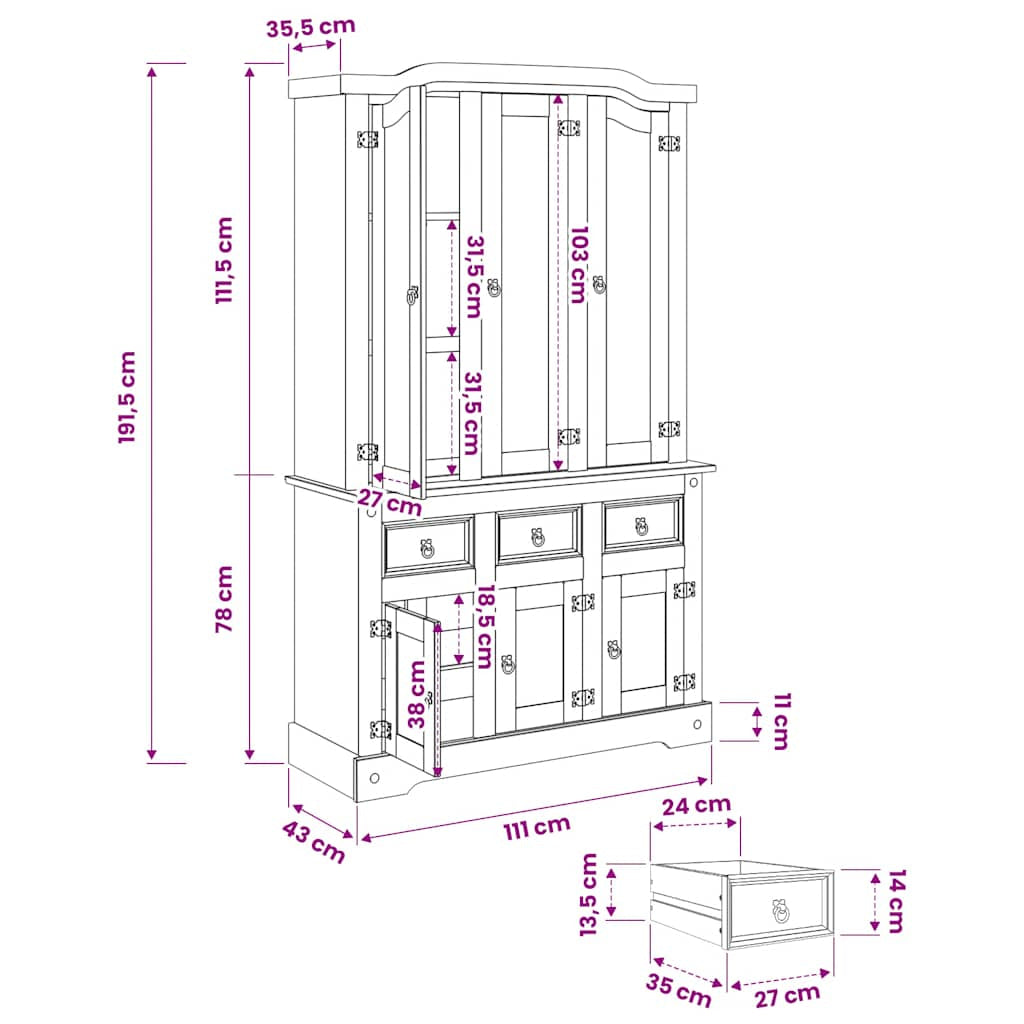 Buffet haut Corona blanc 112x43x191,5 cm bois massif pin mexicain - XIOS