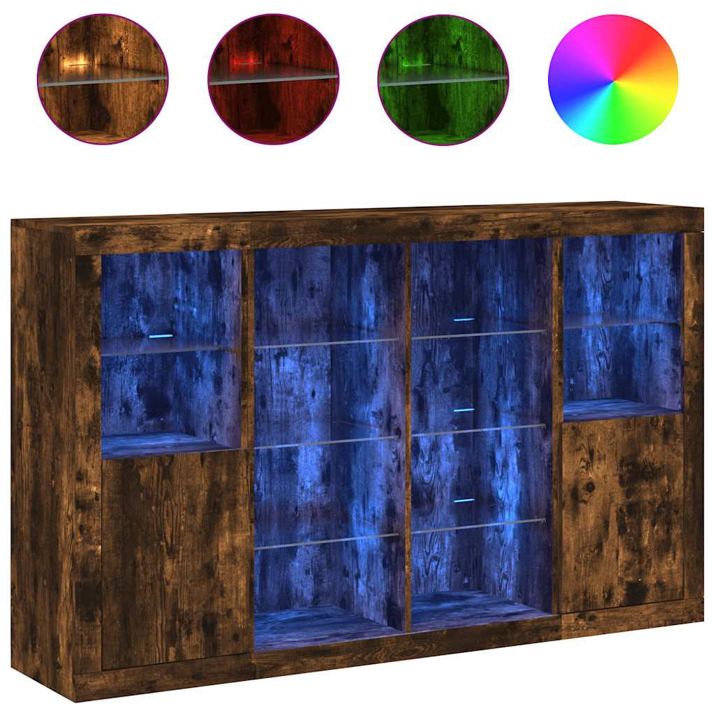 Buffets avec lumières LED 3 pcs chêne fumé bois d’ingénierie - XIOS