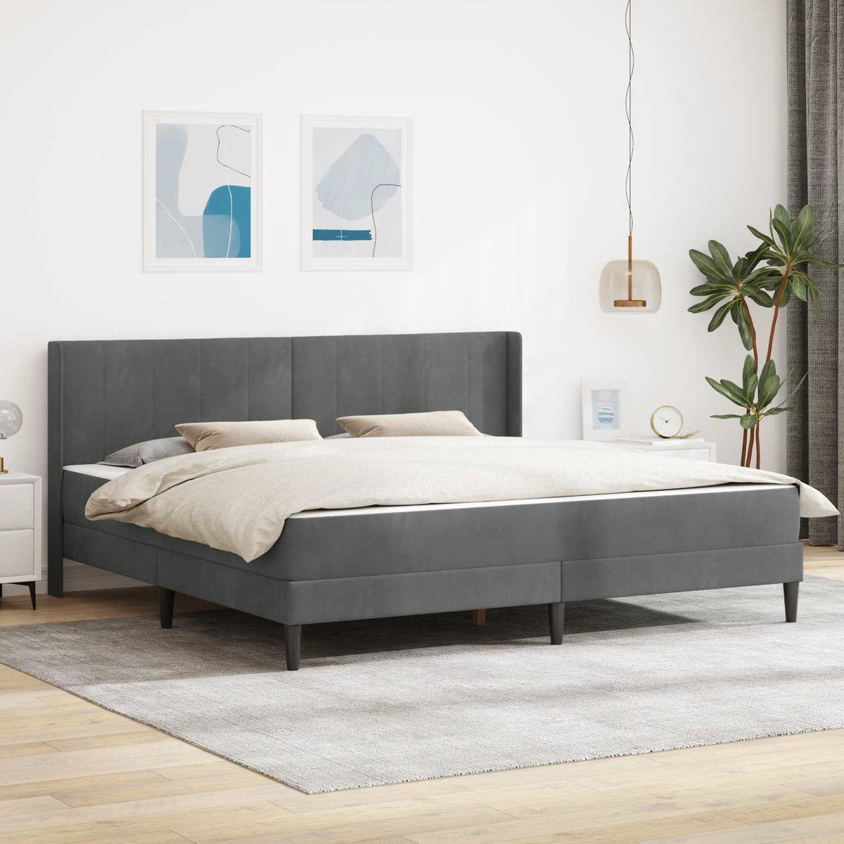 Cadre de lit avec matelas Gris foncé 200 x 200 cm Velours - XIOS