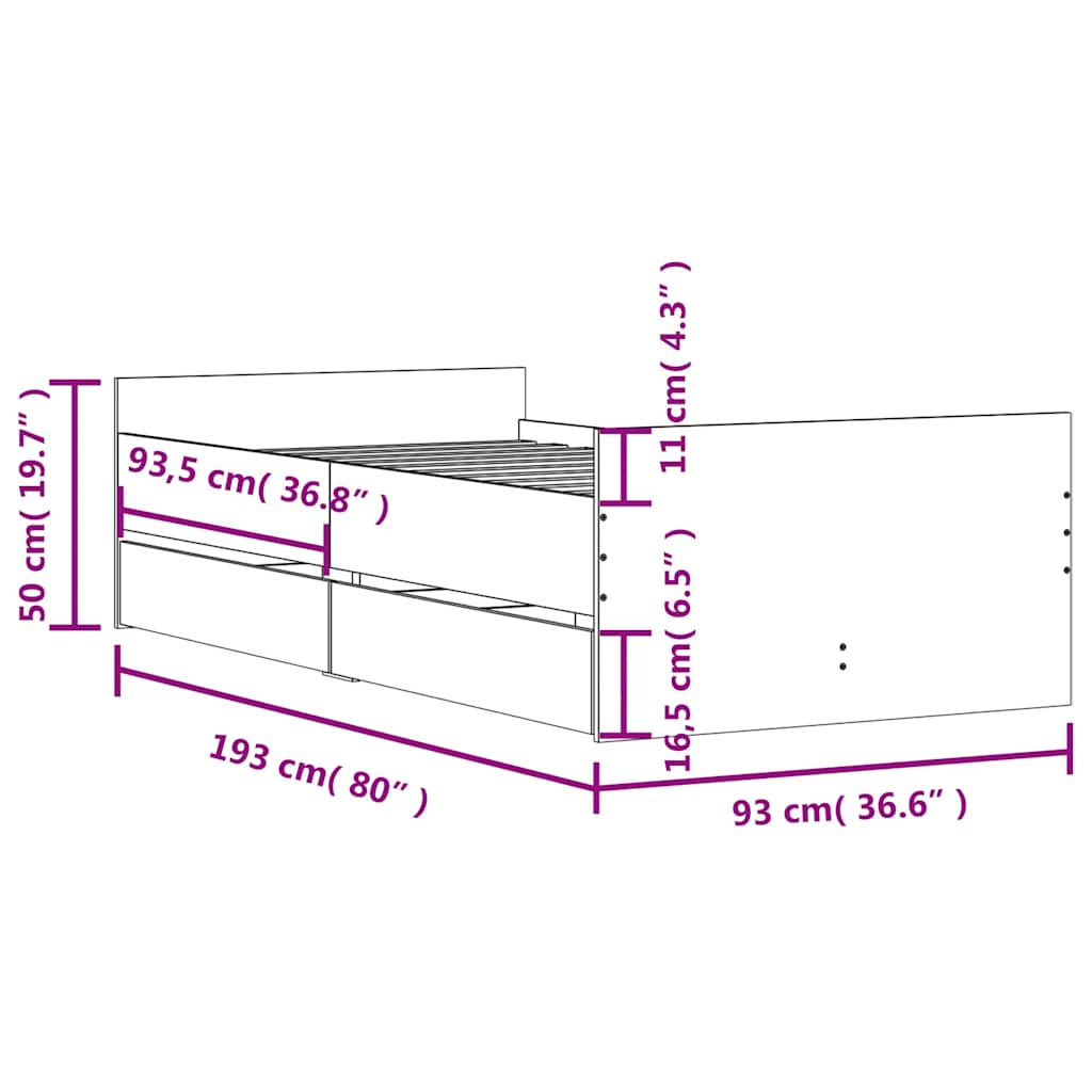 Cadre de lit avec tiroirs sans matelas gris béton 90x190 cm - XIOS