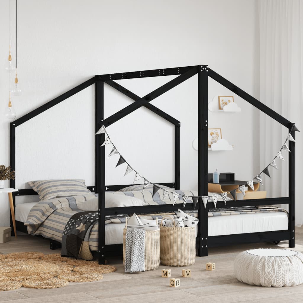 Cadre de lit pour enfants noir 2x(90x190) cm bois de pin massif - XIOS