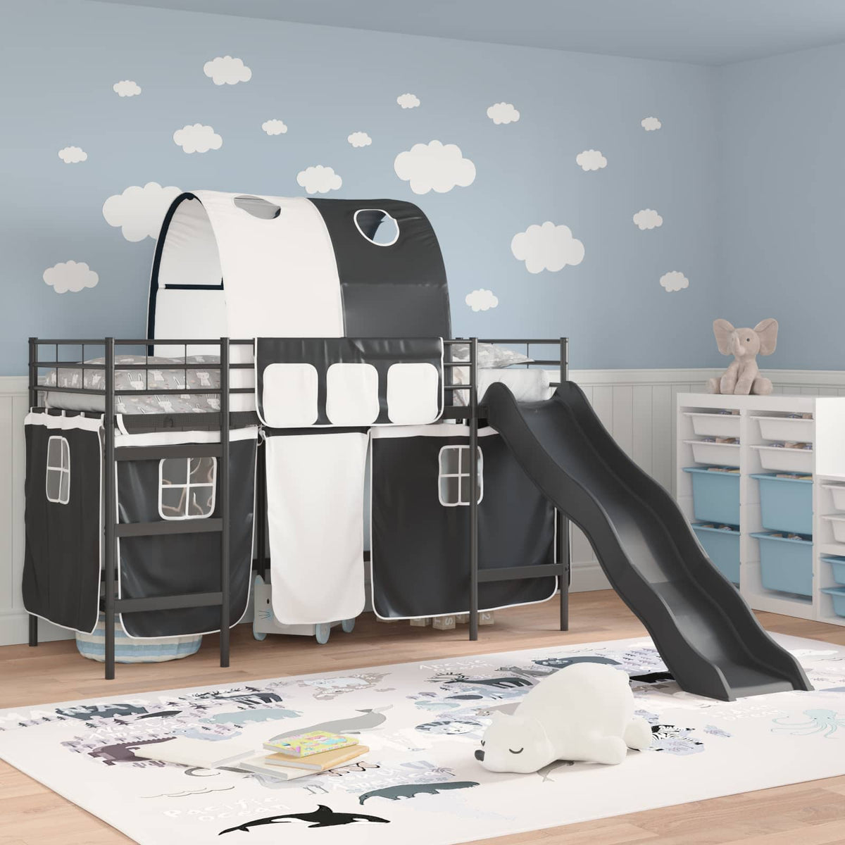 Cadre de lit superposé pour enfants avec rideaux Uni Noir Métал - XIOS