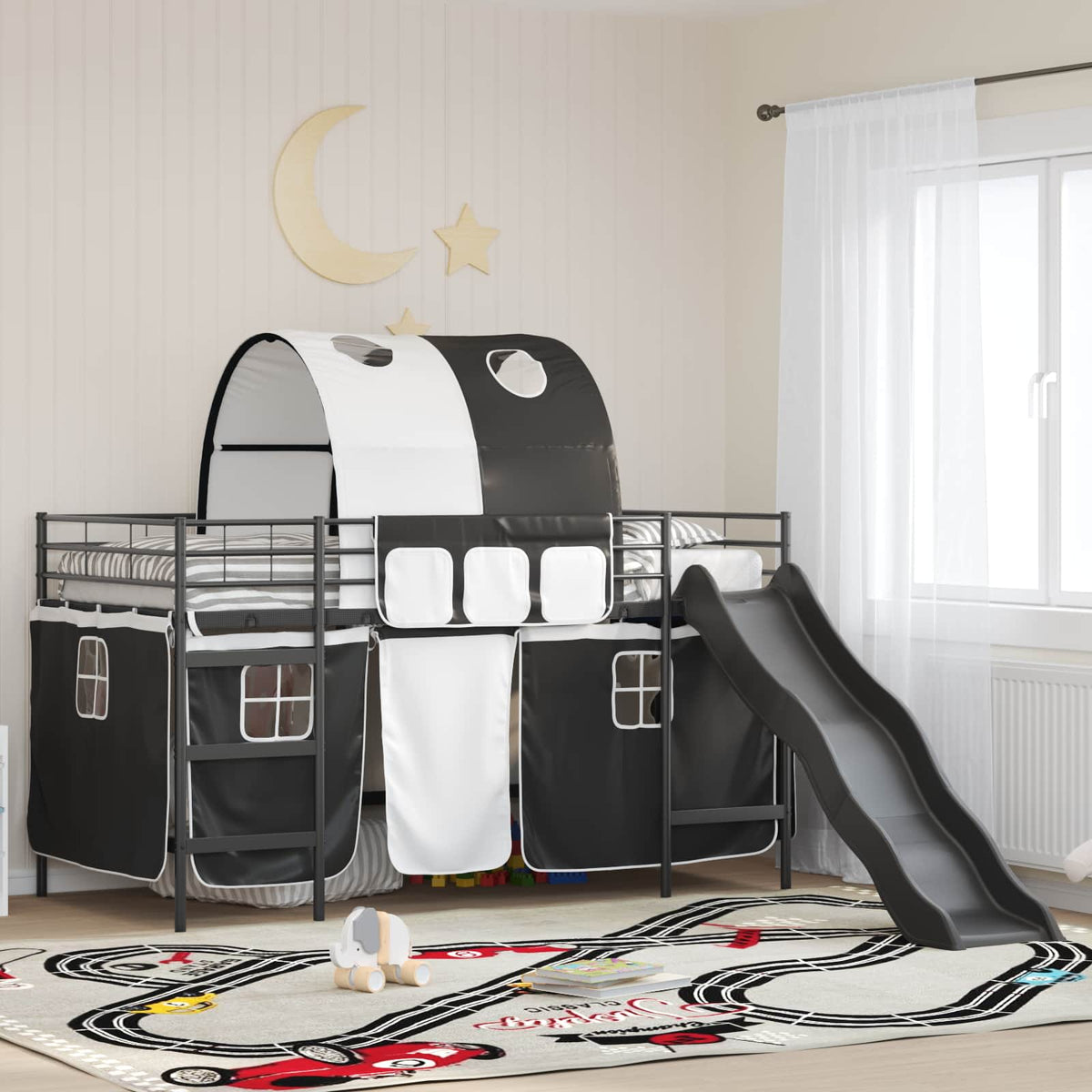 Cadre de lit superposé pour enfants avec rideaux Uni Noir Métал - XIOS
