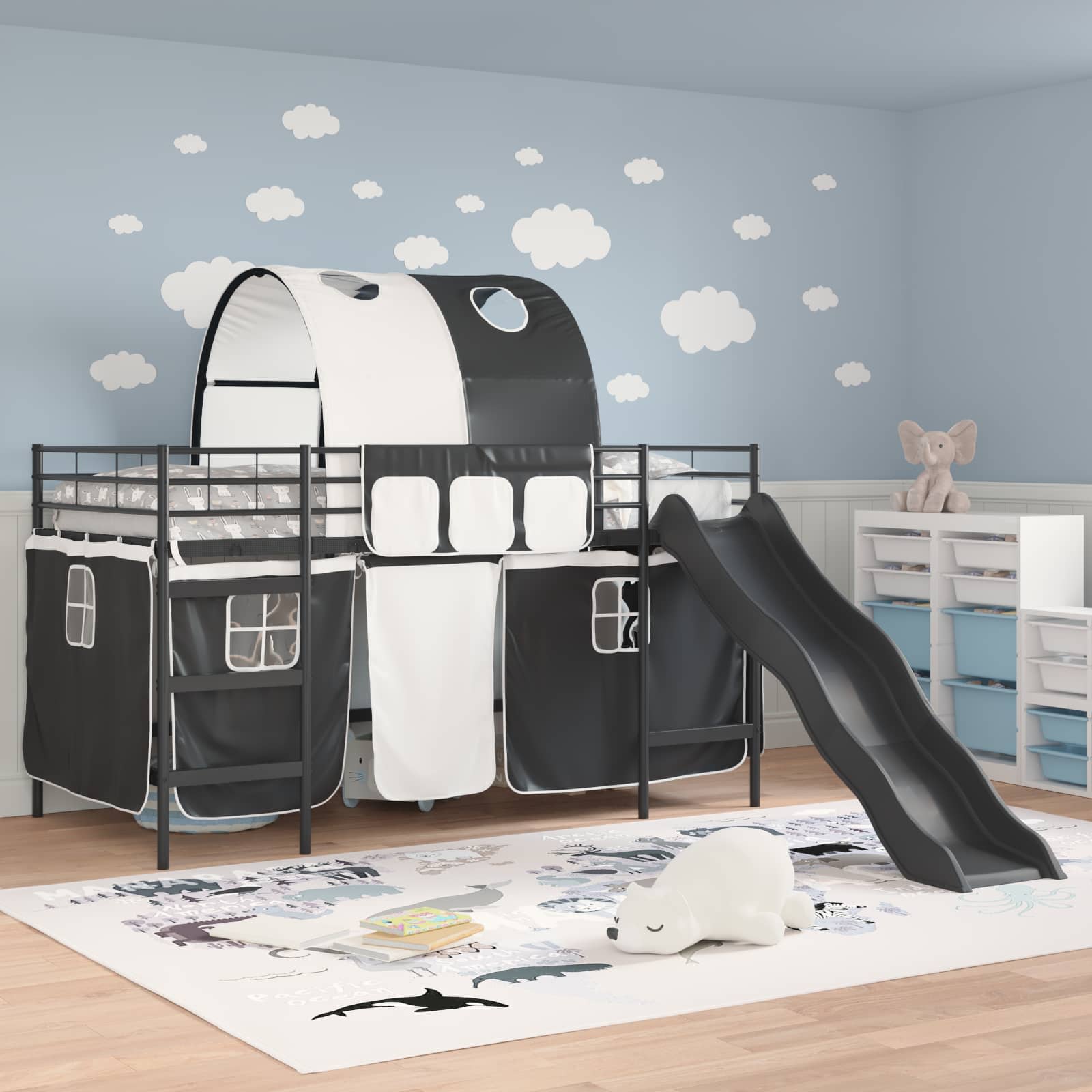 Cadre de lit superposé pour enfants avec rideaux Uni Noir Métал - XIOS