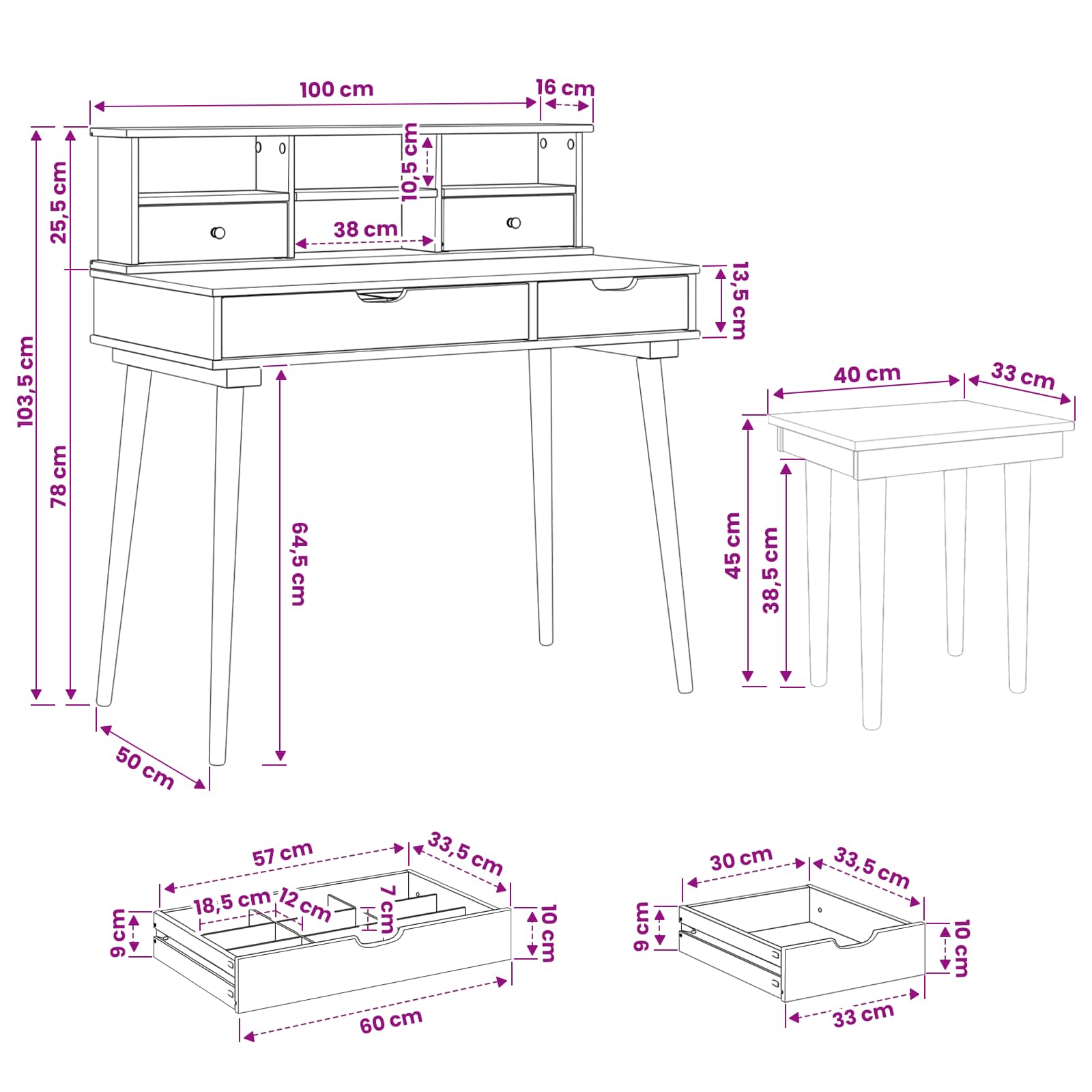 Ensemble de Coiffeuse FAUSKE 3 pc Blanc 100 x 50 x 103,5 cm - XIOS