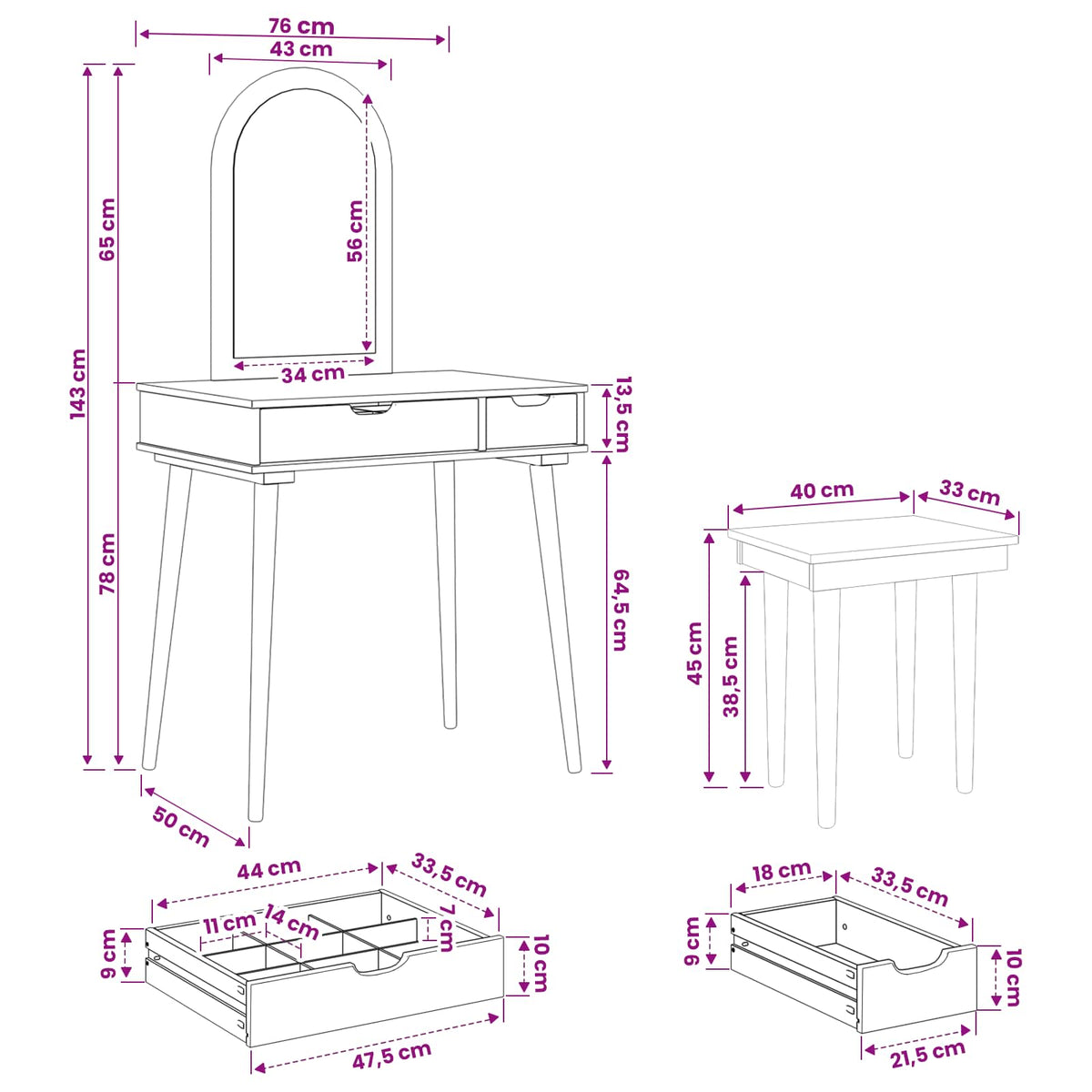 Ensemble de Coiffeuse FAUSKE 3 pc Blanc 76 x 50 x 143 cm - XIOS