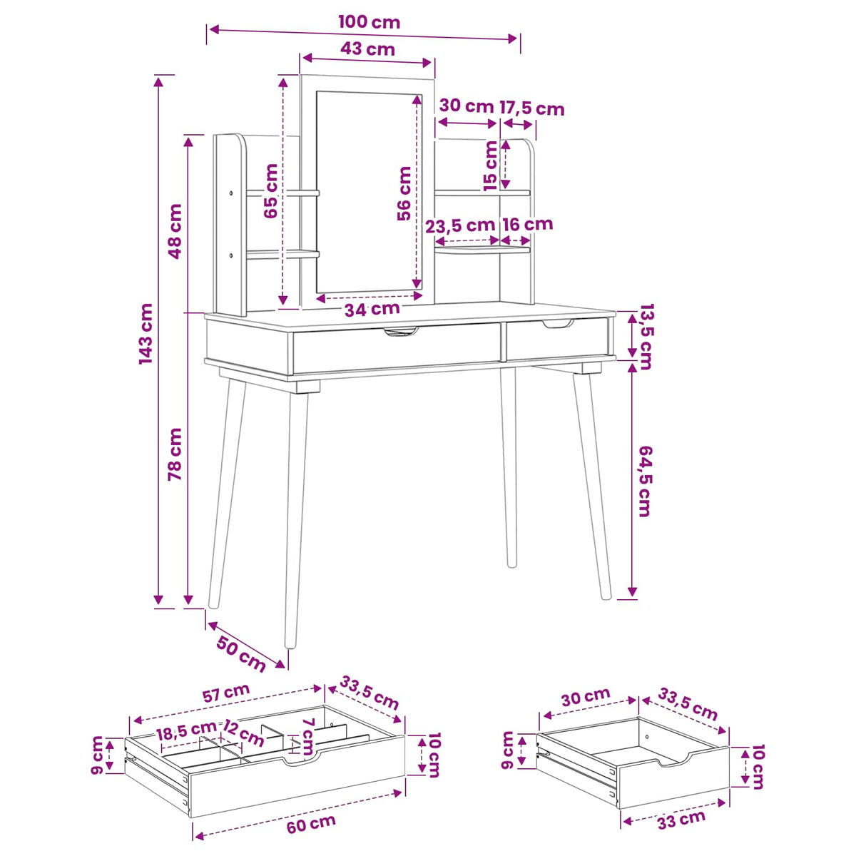 Ensemble de Coiffeuse FAUSKE 4 pc Blanc 100 x 50 x 143 cm - XIOS