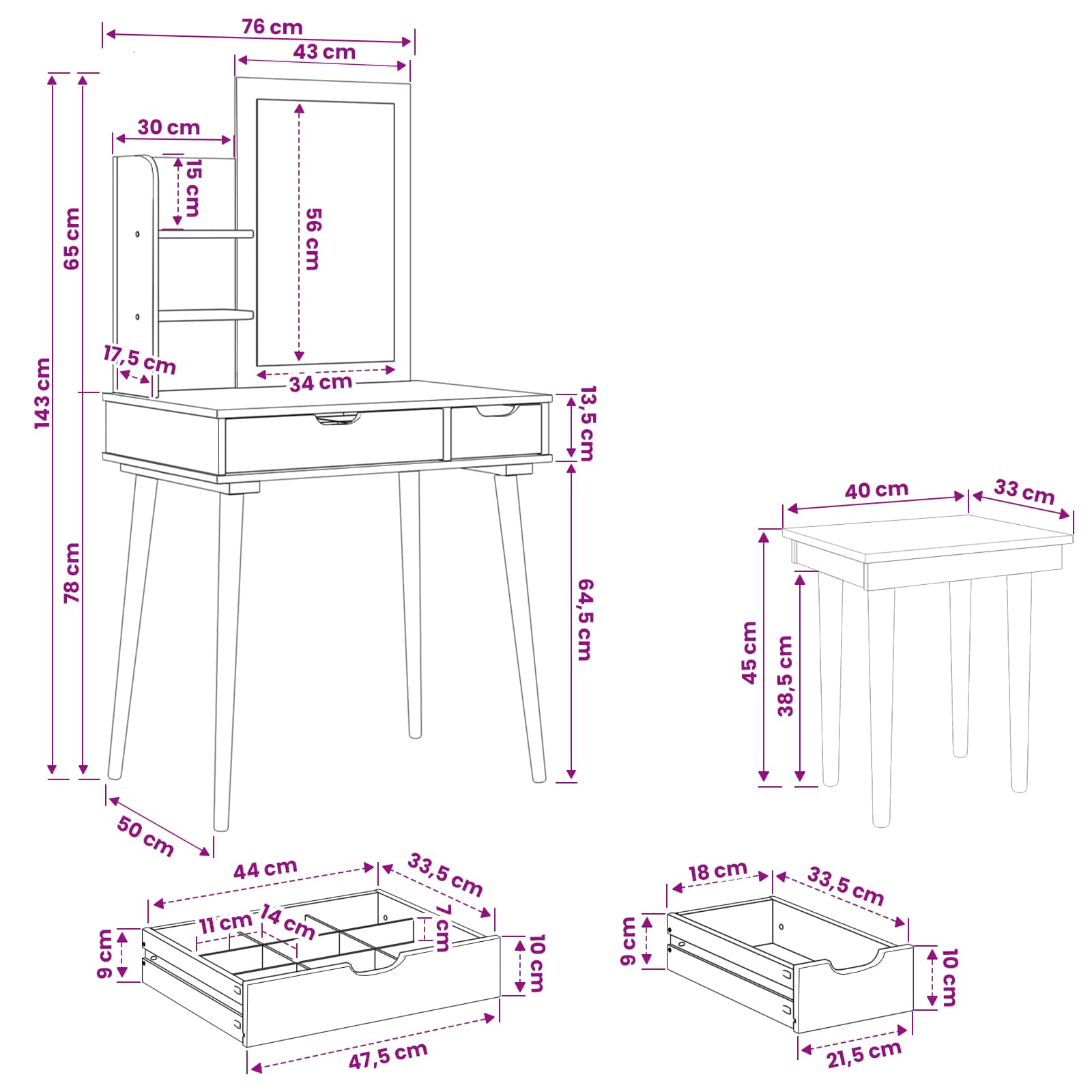 Ensemble de Coiffeuse FAUSKE 4 pc Blanc 76 x 50 x 143 cm - XIOS