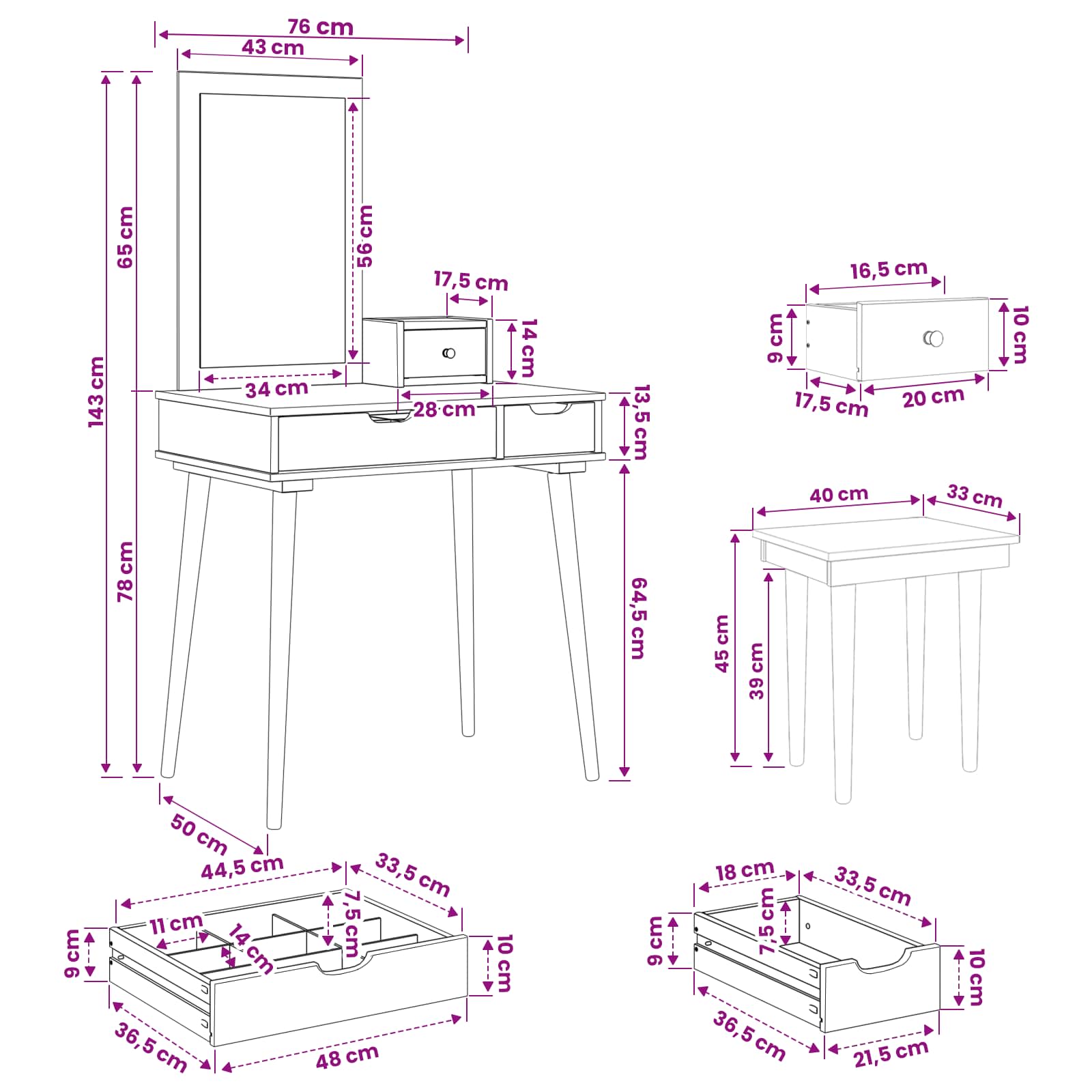 Ensemble de Coiffeuse FAUSKE 4 pc Blanc 76 x 50 x 143 cm - XIOS