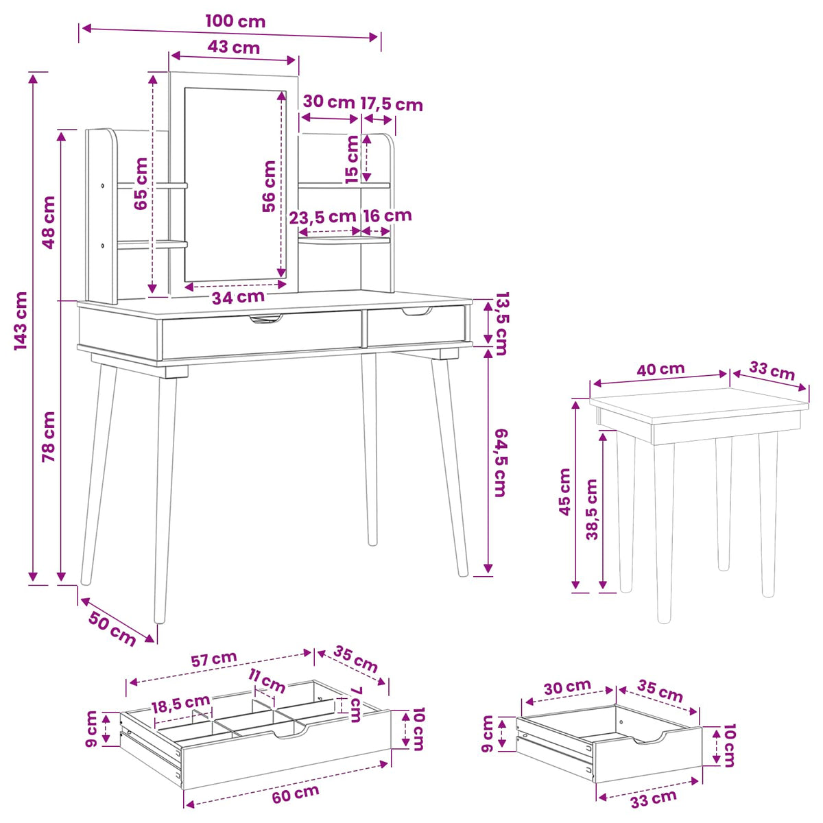Ensemble de Coiffeuse FAUSKE 5 pc Blanc 100 x 50 x 143 cm - XIOS