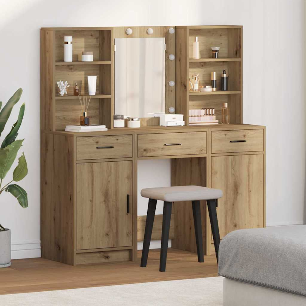 Ensemble de table de maquillage avec LED 3 pc Chêne artisanal - XIOS