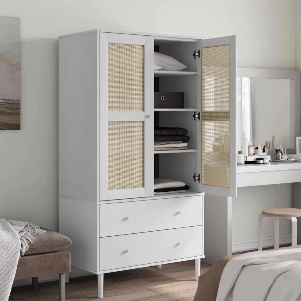 Garde-robe SENJA aspect rotin blanc 90x55x175cm bois massif pin - XIOS