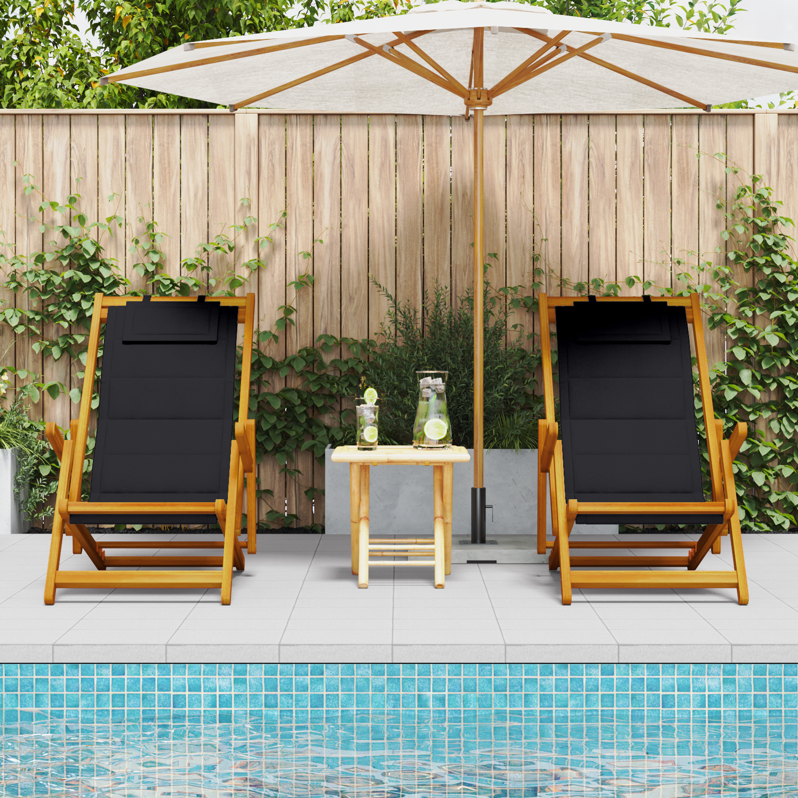 Chaises de plage pliantes vidaXL 2 pcs Black Bois d'acacia massif & Textilène Chaises de jardin vidaXL