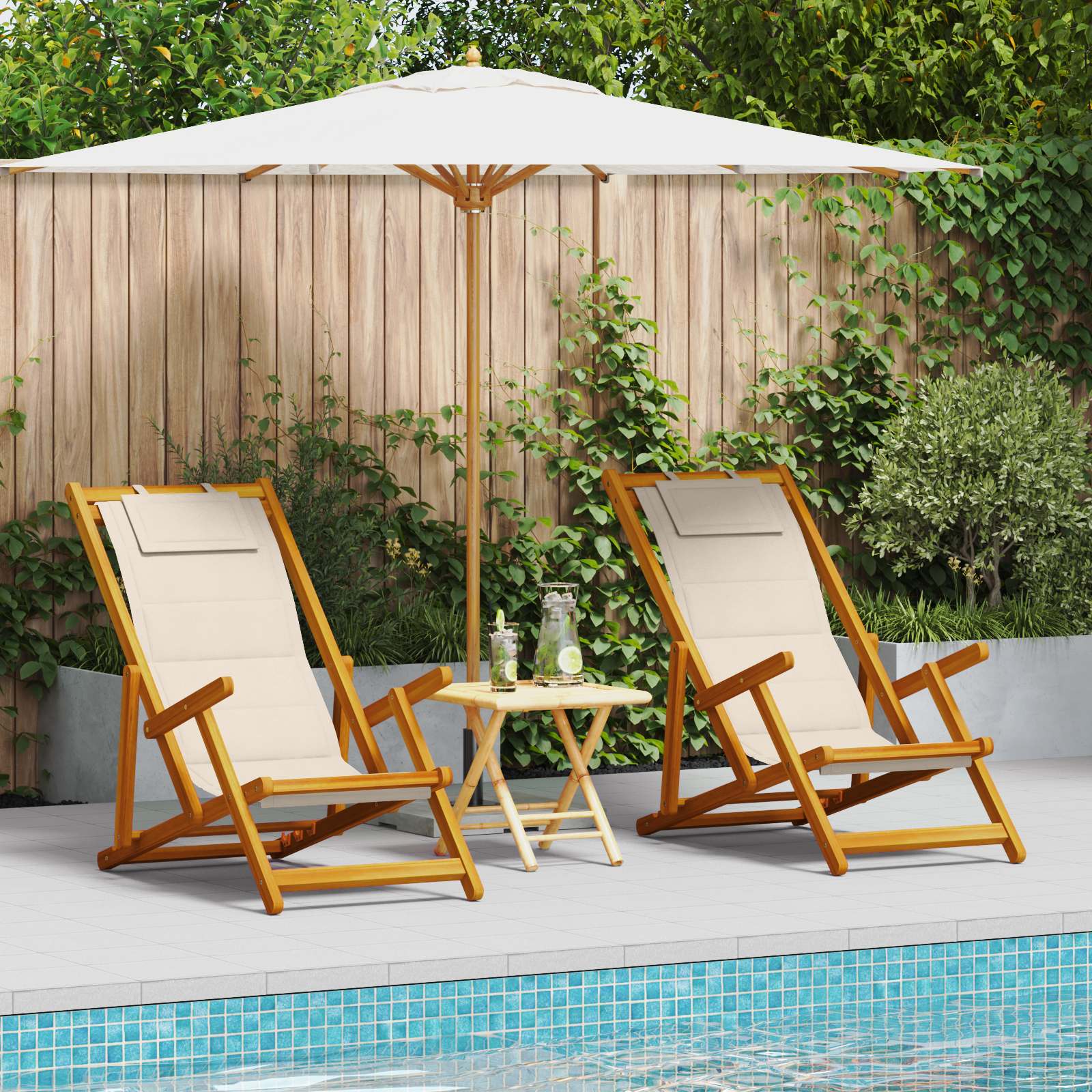 Chaises de plage pliantes vidaXL 2 pcs Crème en bois d'acacia massif et Textilène Chaises de jardin vidaXL