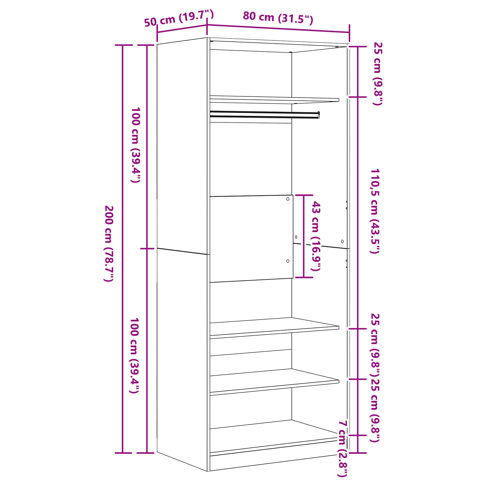 Armoire en chêne noir 80 x 50 x 200 cm - Bois d'ingénierie.