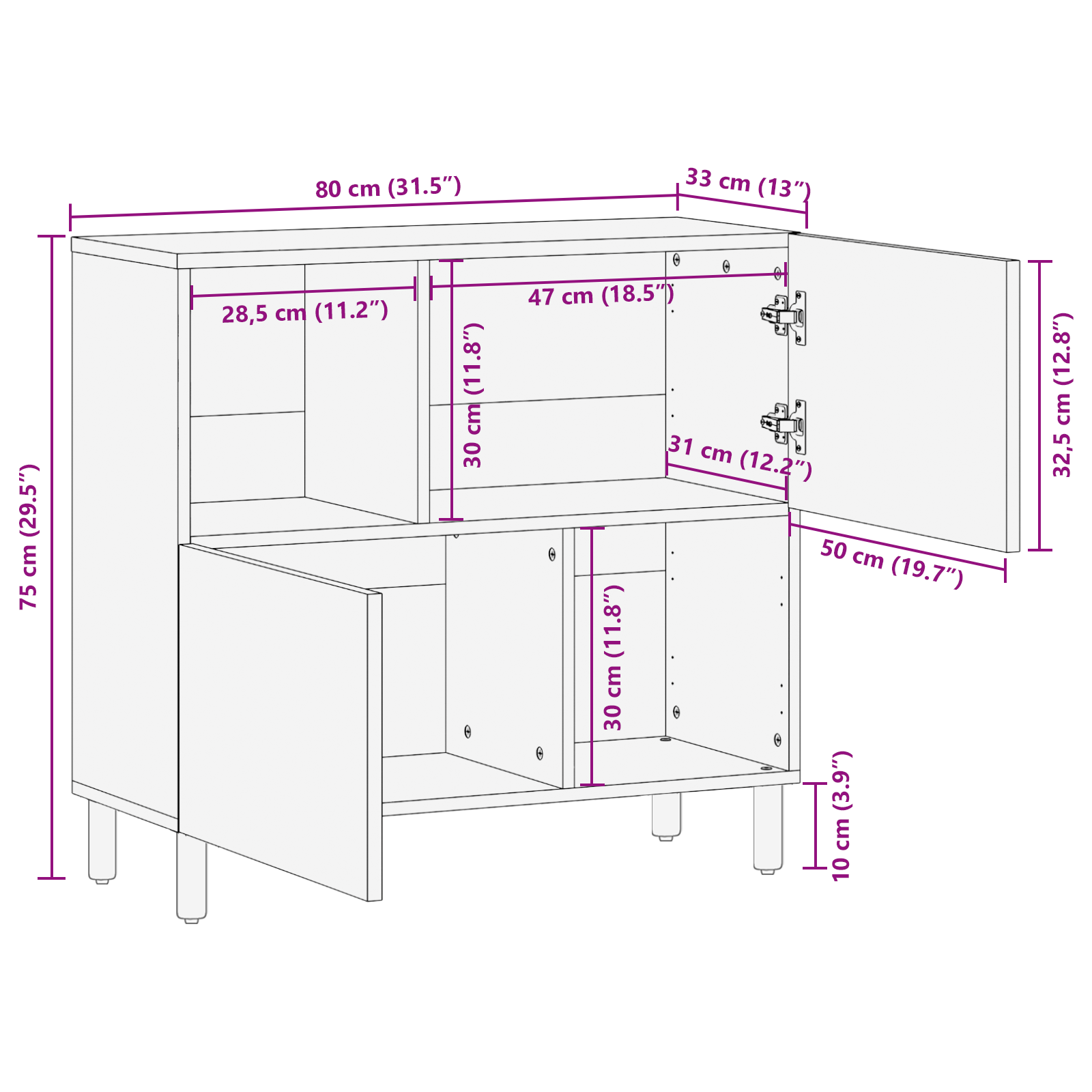 Buffet vidaXL 80x33x75 cm en bois massif d'acacia