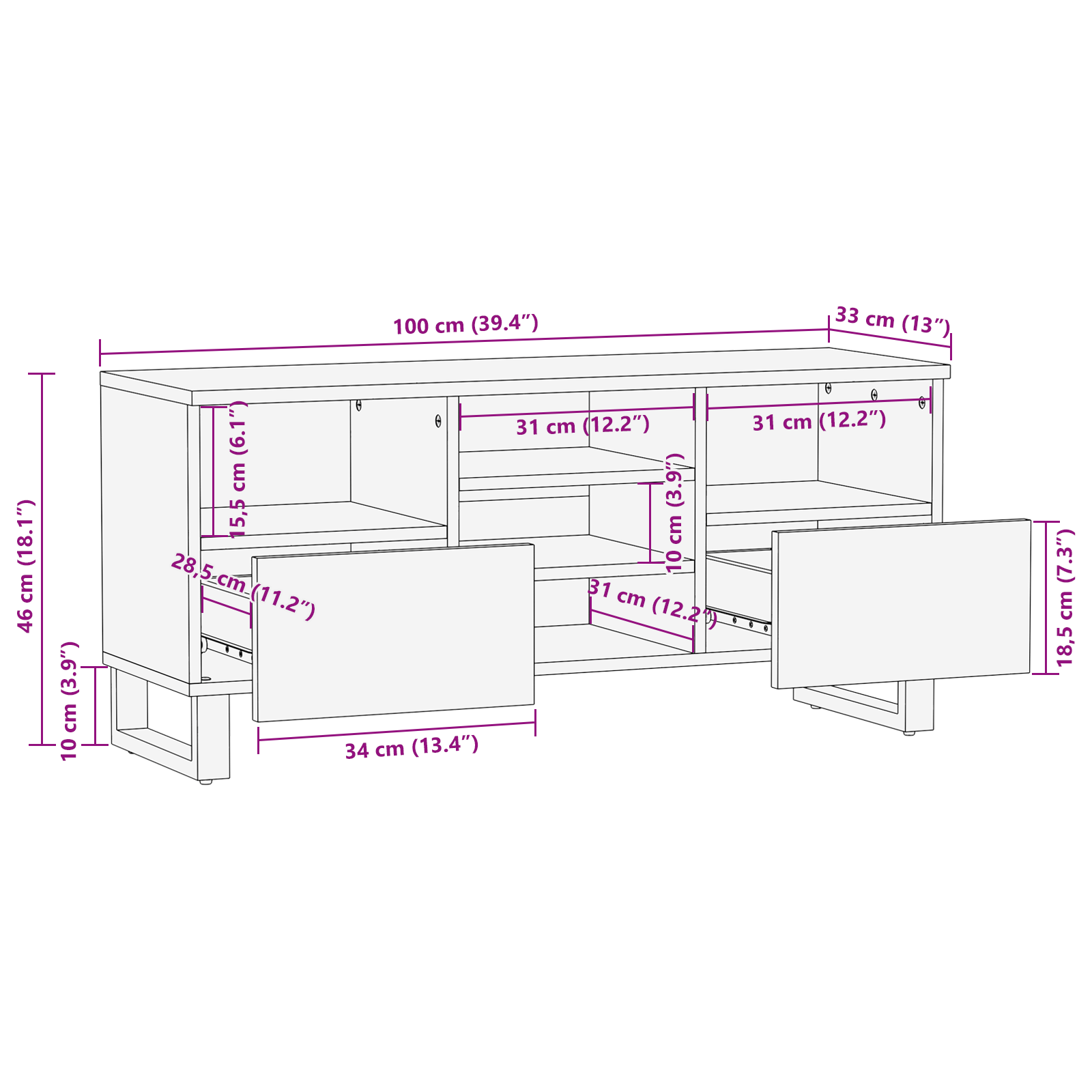 Meuble TV , 100x33.5x46 cm, en bois de manguier massif