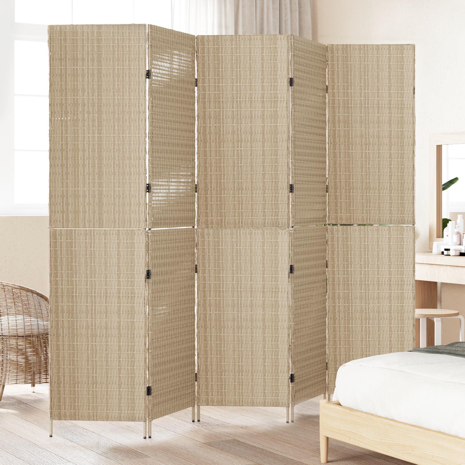 Paravent 5 panneaux pliable beige 245x180 cm en poly rotin