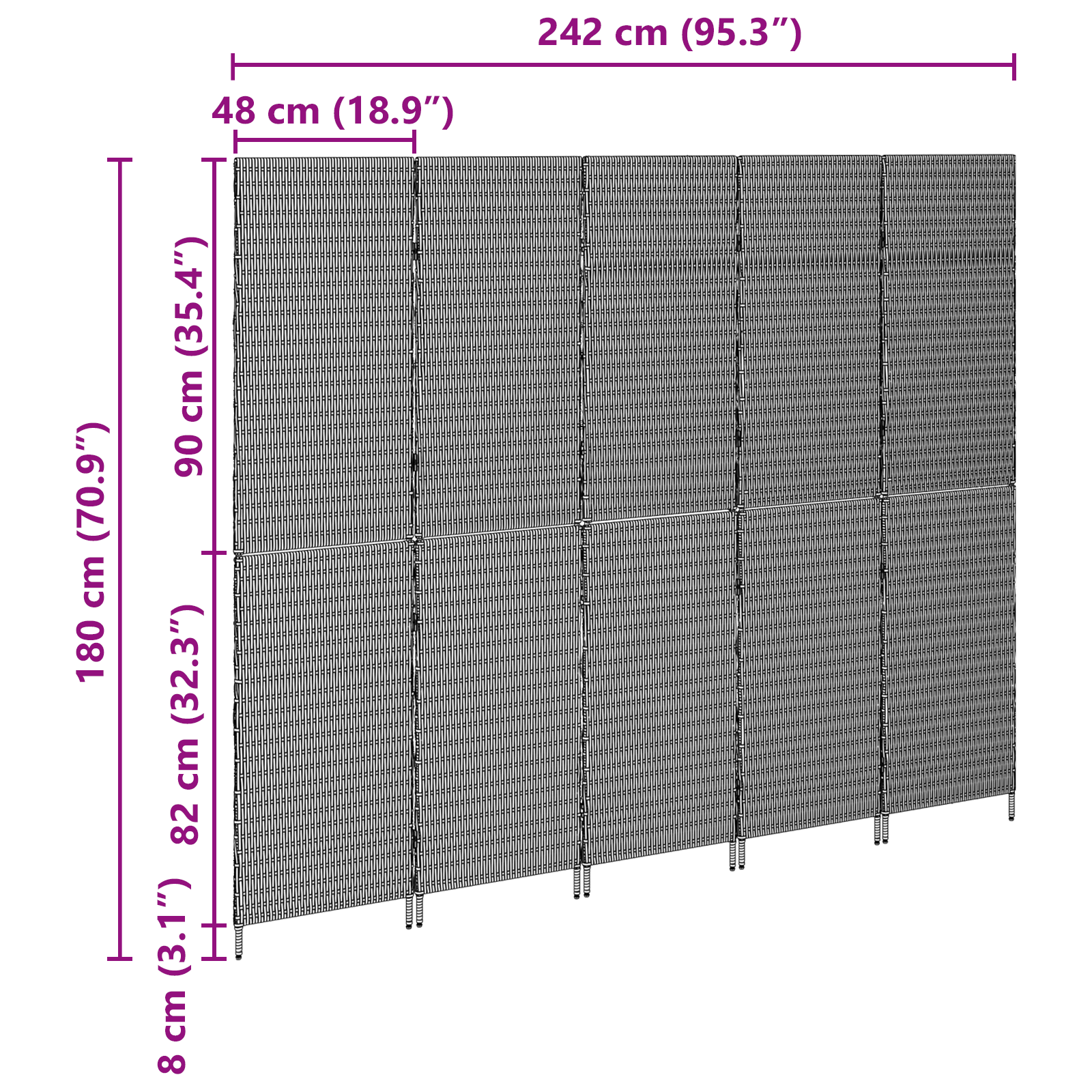 Paravent 5 panneaux pliable beige 245x180 cm en poly rotin