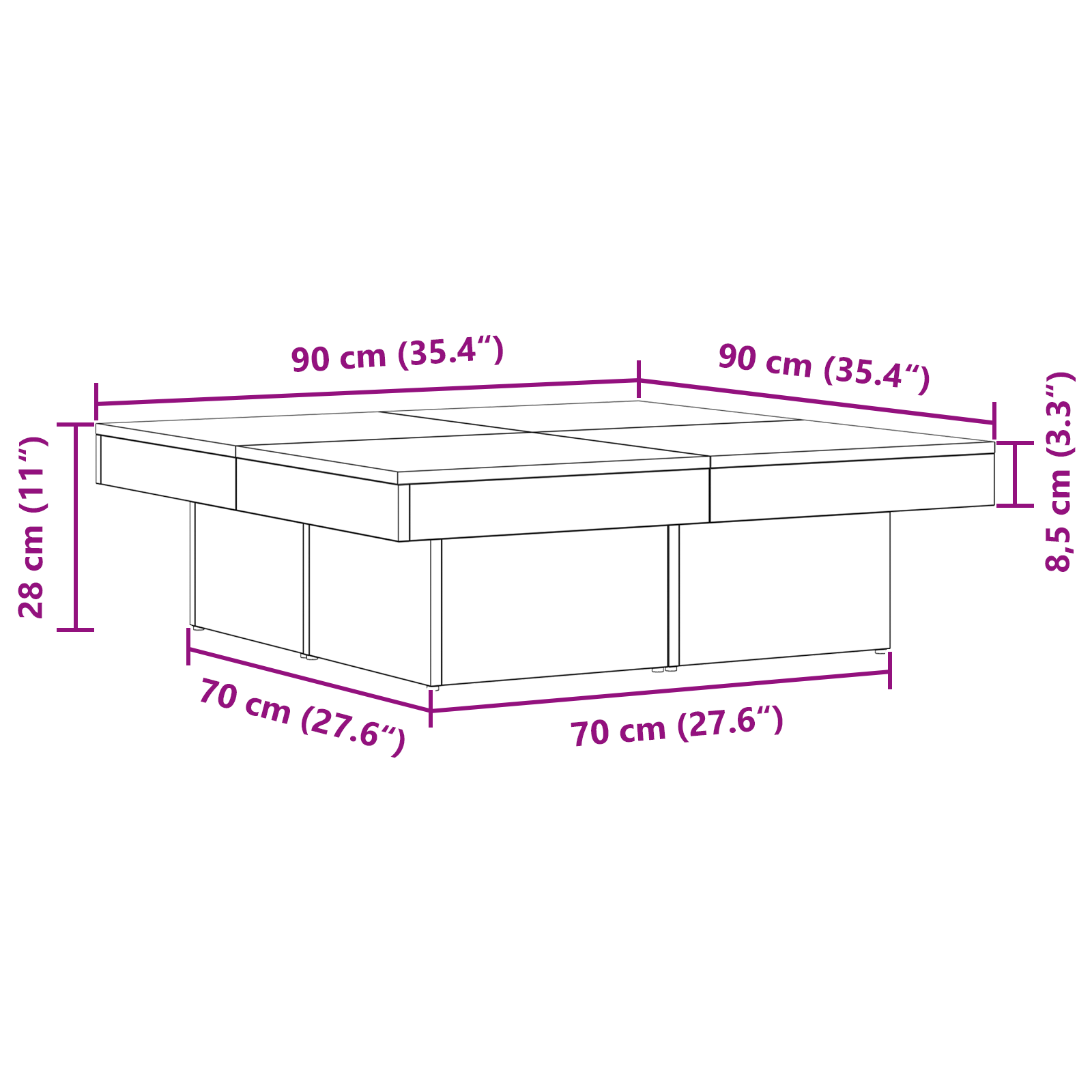Table basse vidaXL en chêne noir 90x90x28 cm en bois d'ingénierie