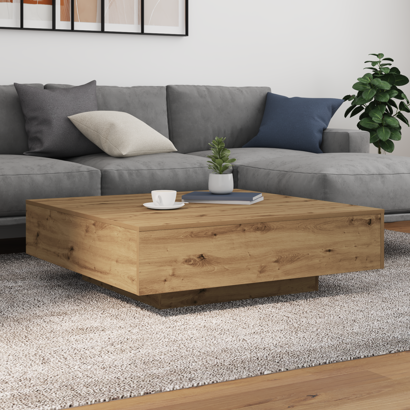 Table Basse chêne artisanal 100 x 100 x 31 cm Bois d'ingénierie - XIOS