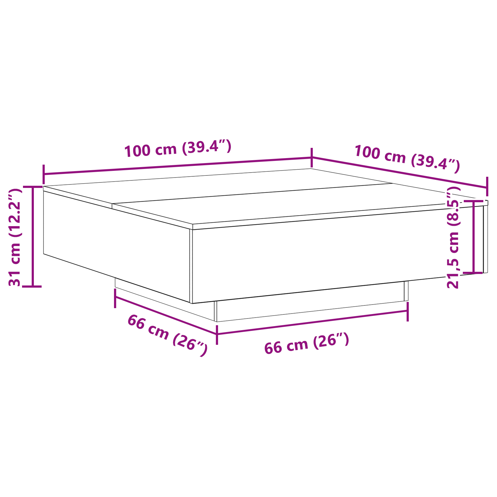 Table basse vidaXL avec lumières LED Chêne noir 100x100x31 cm