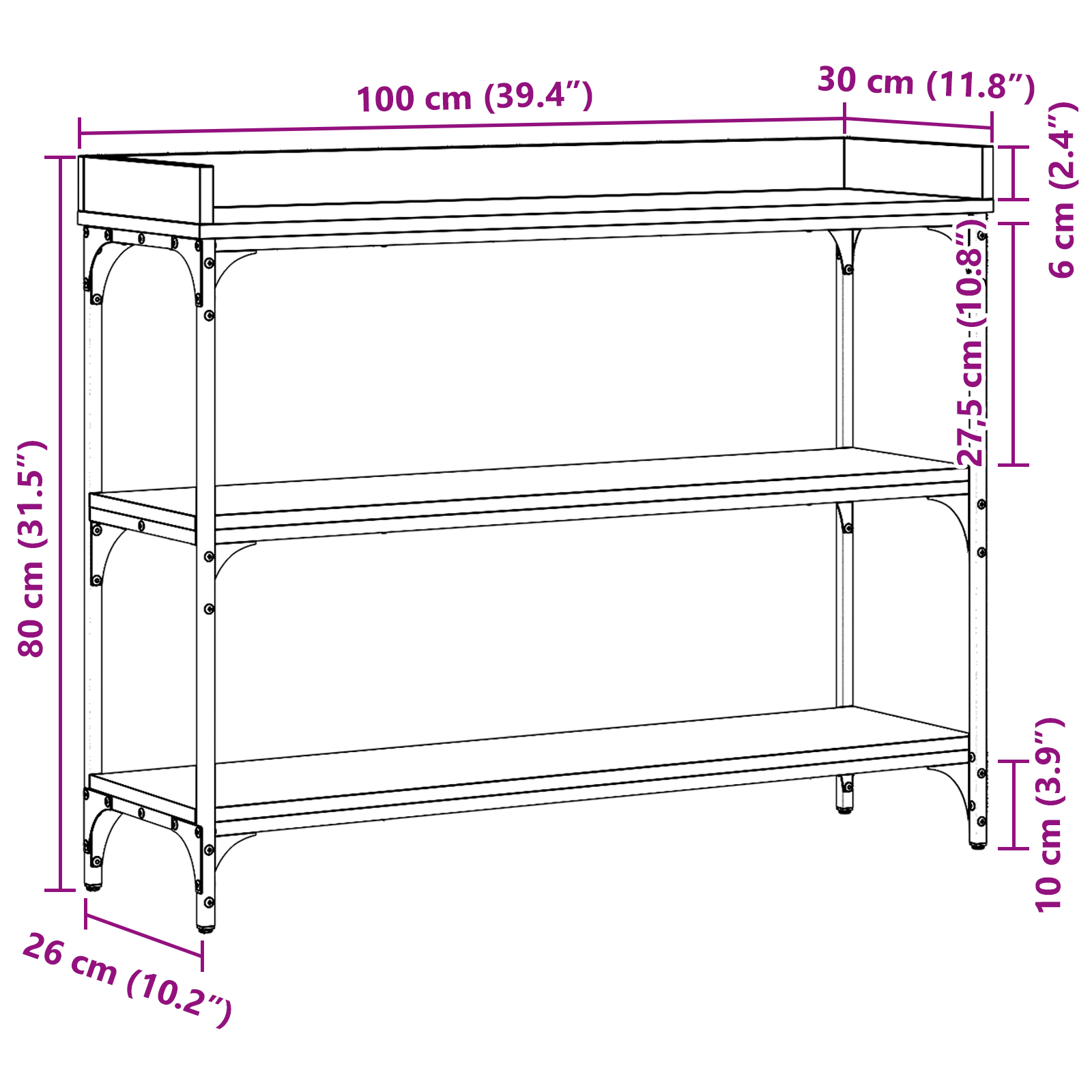 Table Console vidaXL Noire en Chêne 100x30x80 cm en Bois d'Ingénierie et Acier