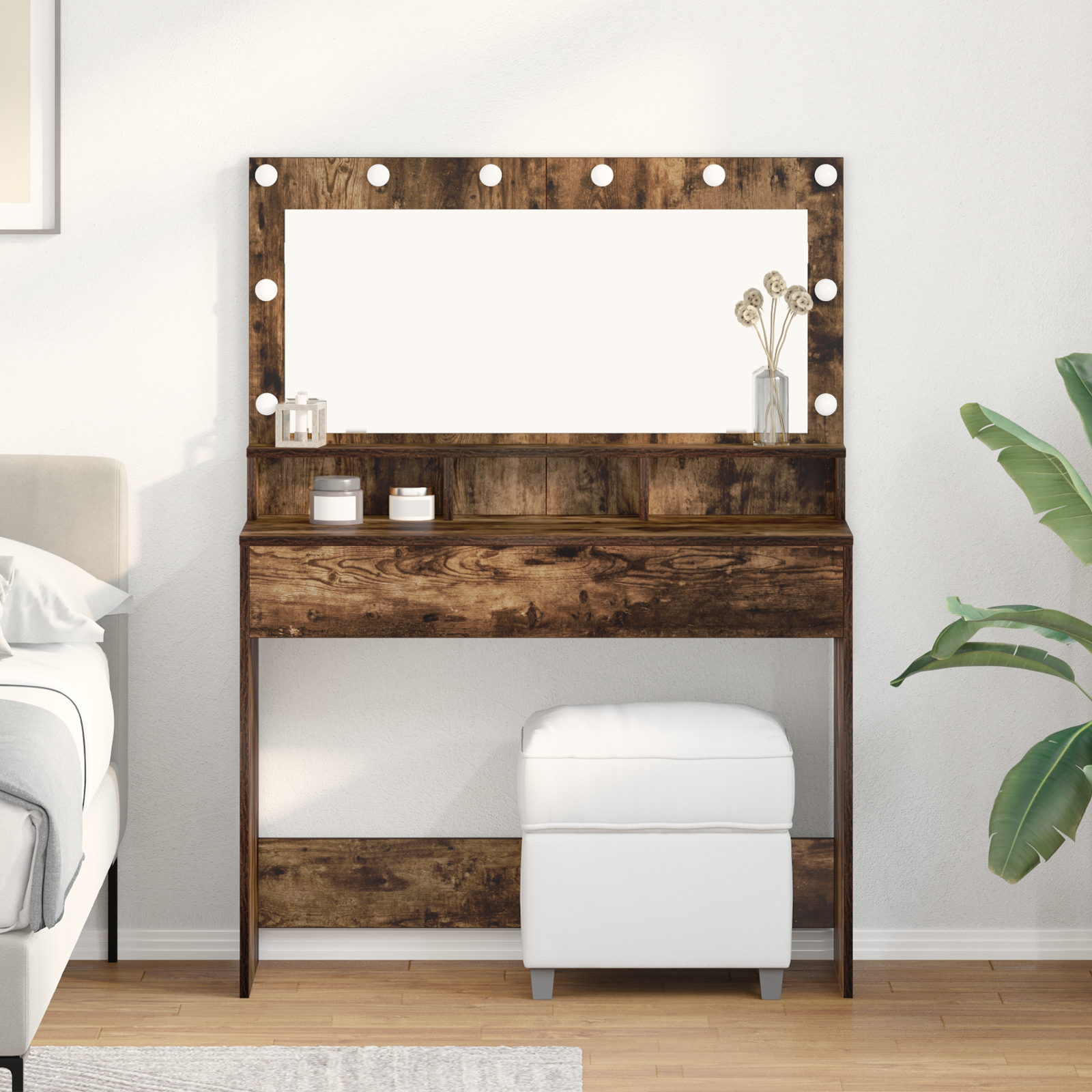 Table de maquillage vidaXL avec lumières LED - Chêne fumé 100x41x135 cm