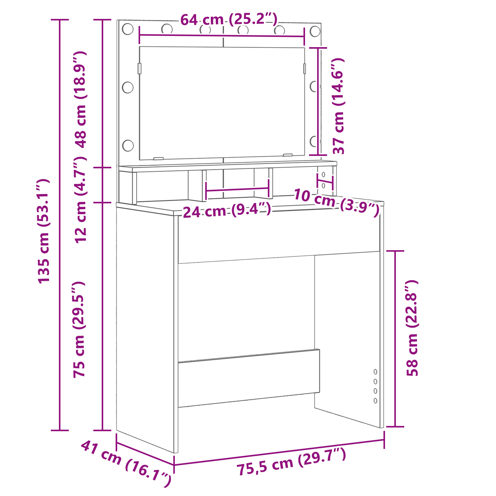 Table de coiffeuse vidaXL Chêne fumé Bois d'ingénierie 75.5 x 41 x 135 cm