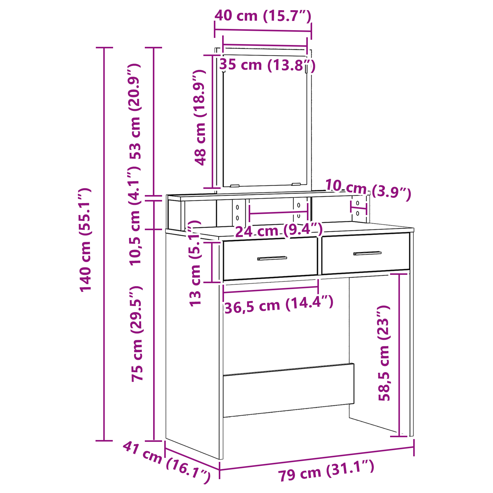 Table de maquillage vidaXL avec tiroirs en chêne brun 79x41x140 cm