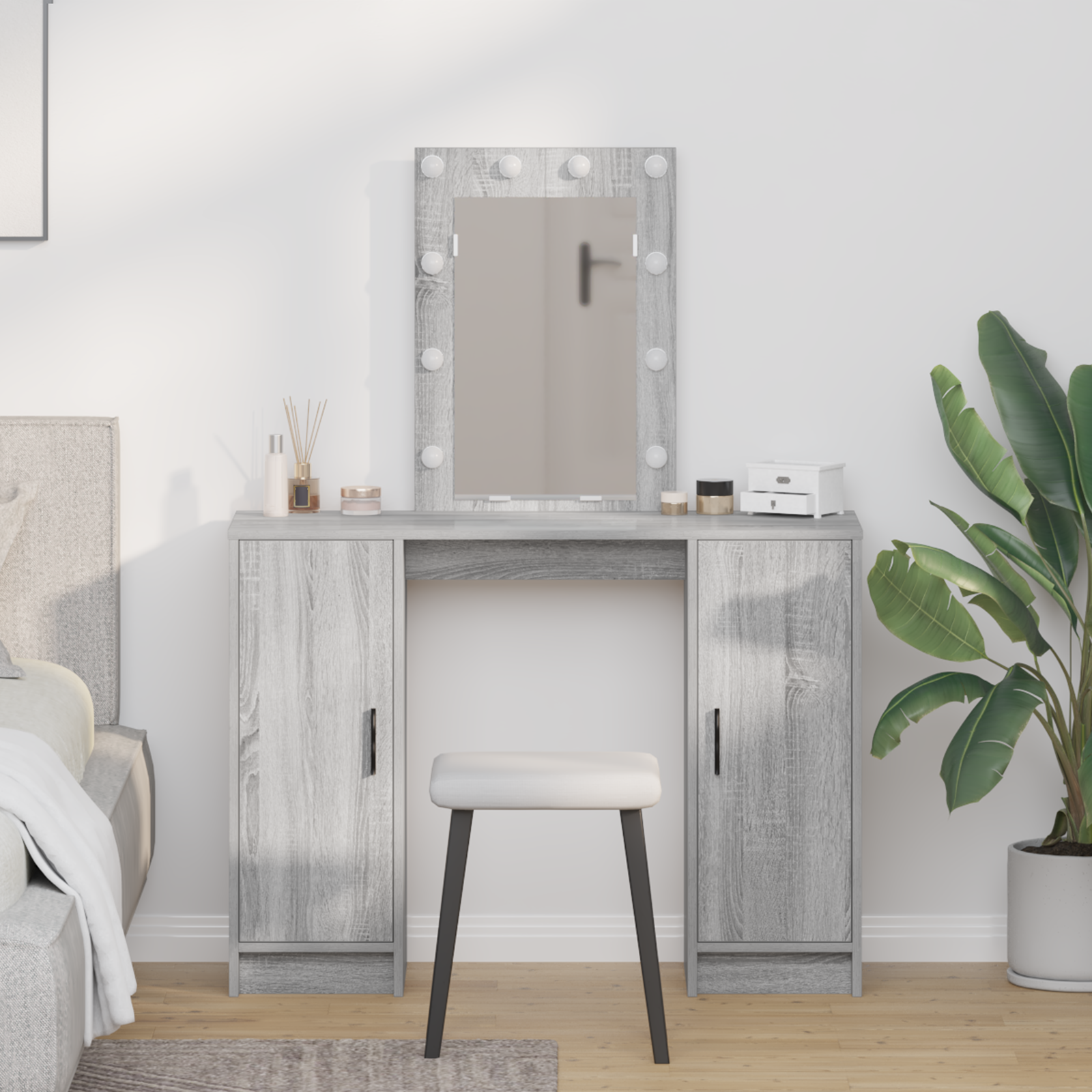 Coiffeuse vidaXL avec lumières LED, en gris Sonoma, 102x33x135 cm